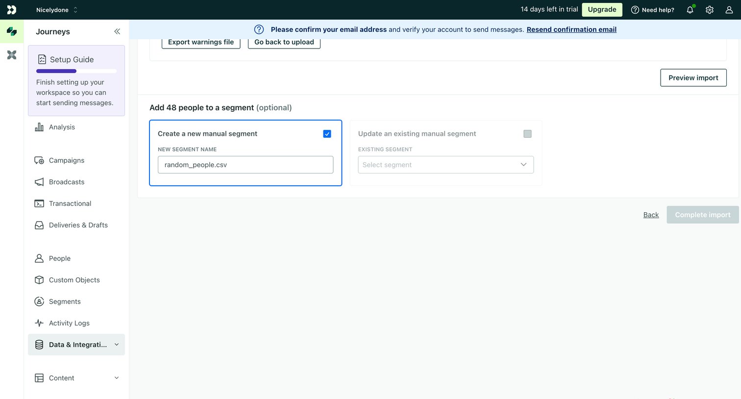 Customer.io - Review | random_people.csv Imports Customer.io screen