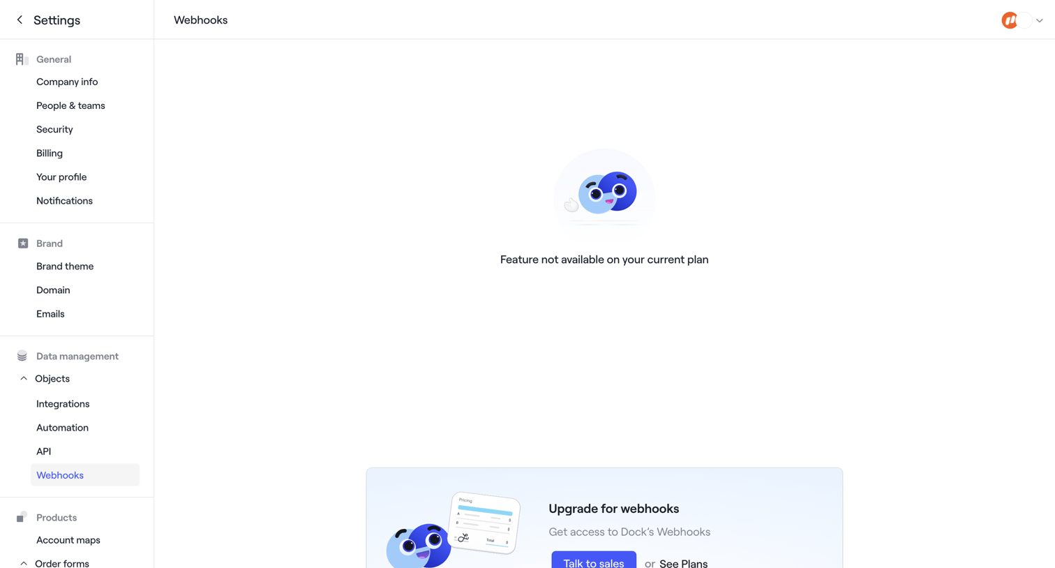 Dock - Settings · Webhooks screen
