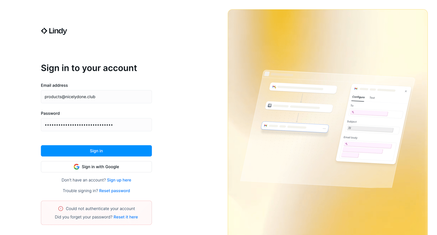 Lindy - Login screen