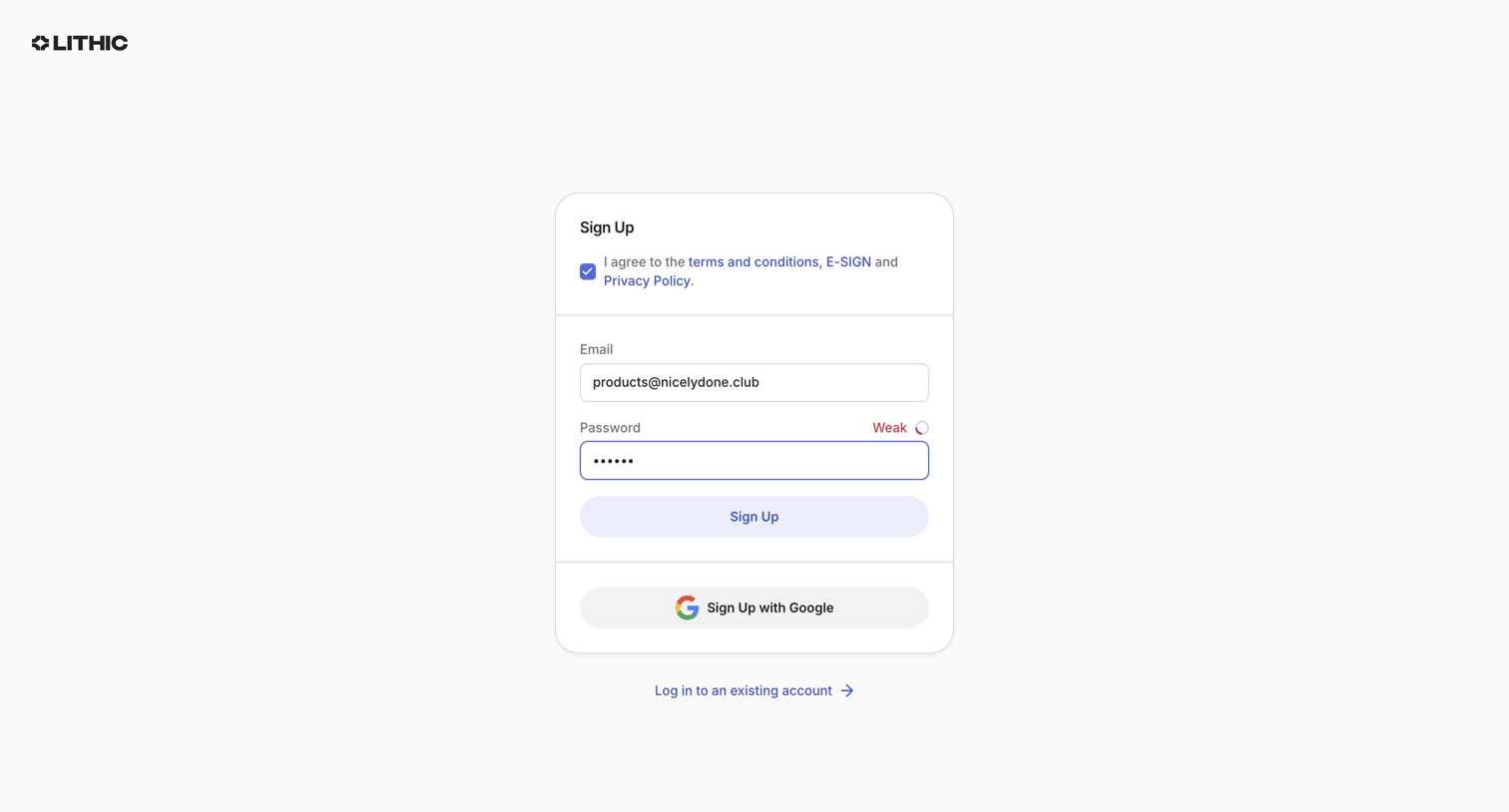 Lithic - Lithic - Sign Up screen