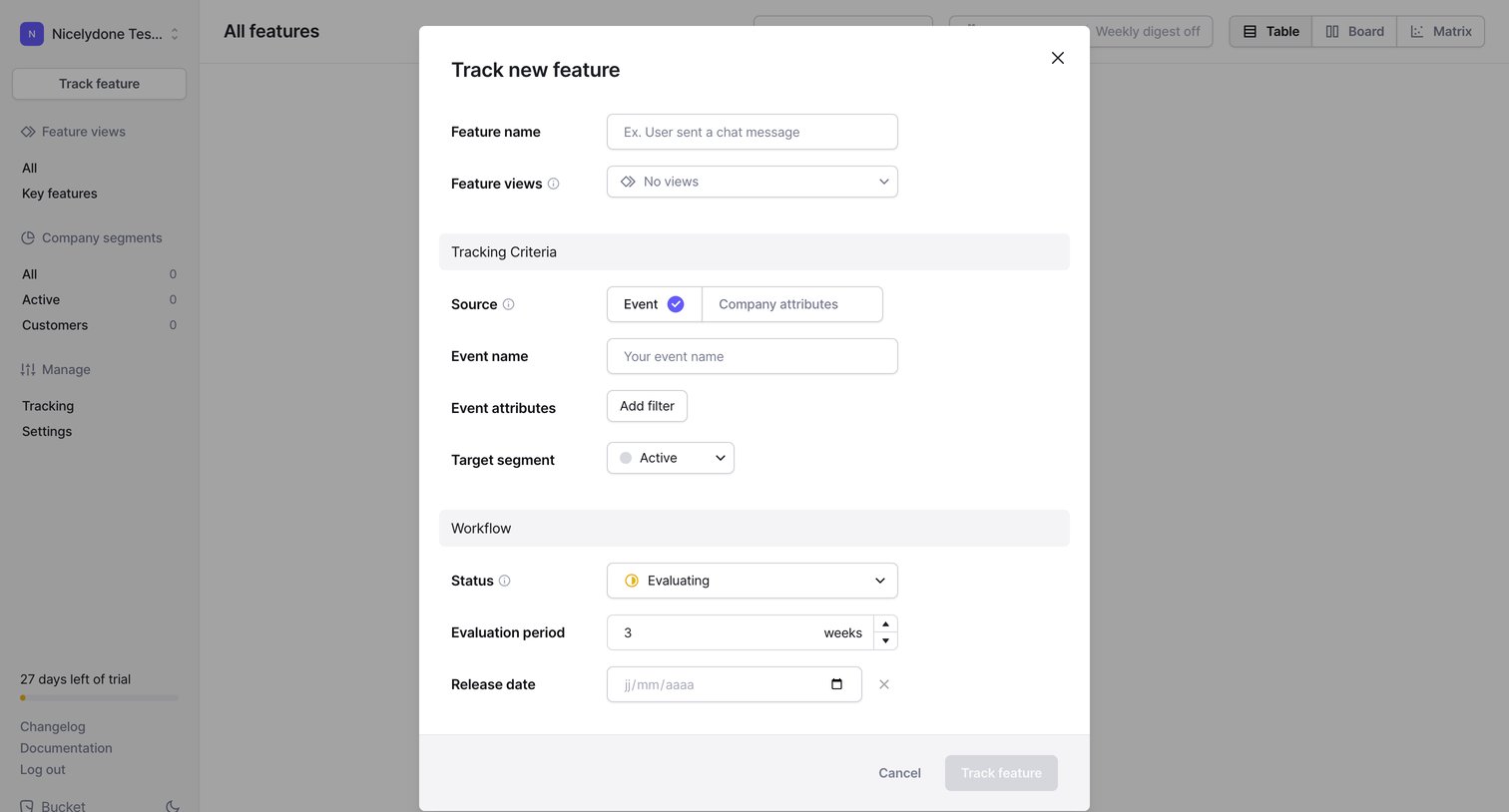 Bucket - Features › All Features screen