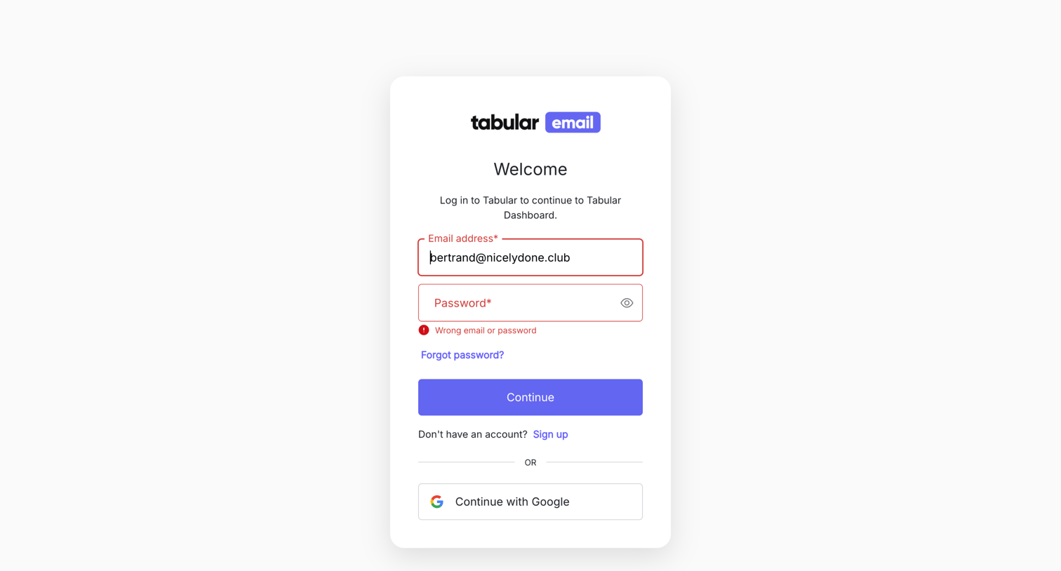 Tabular - Log in | Tabular Dashboard screen