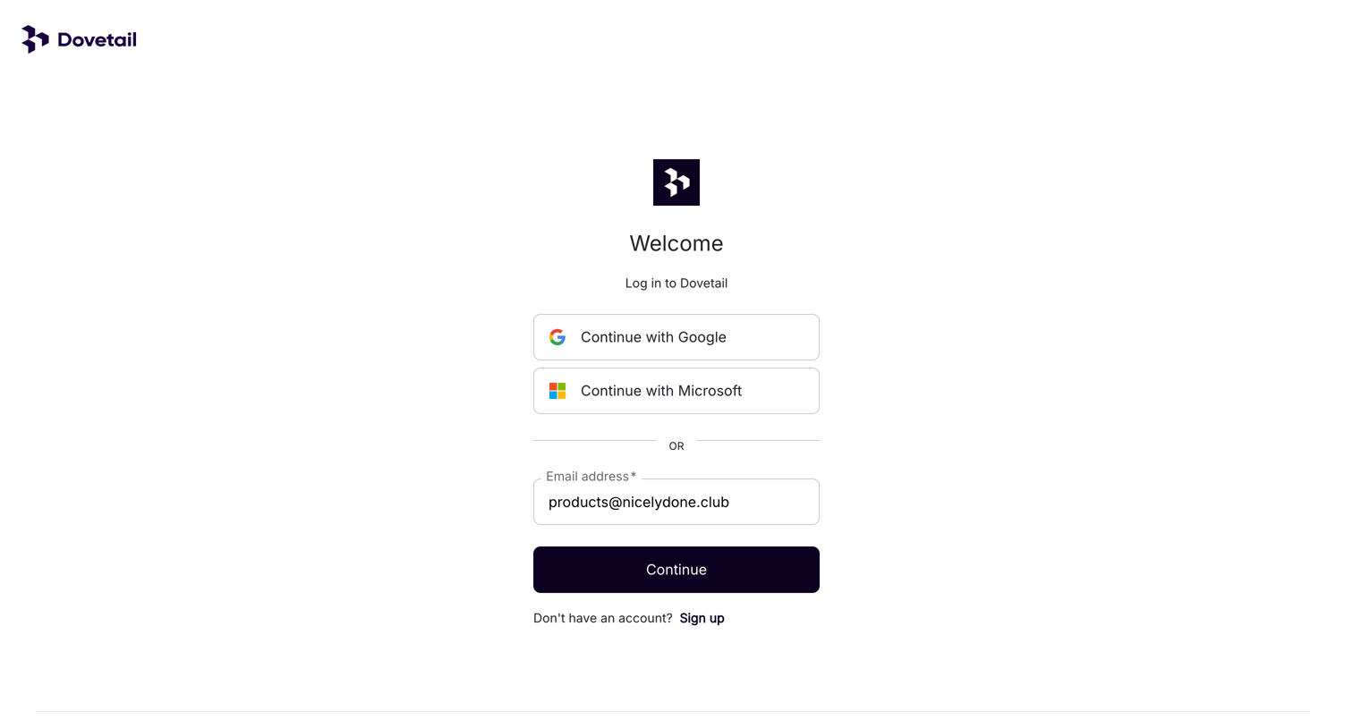 Dovetail - Log in – Dovetail screen