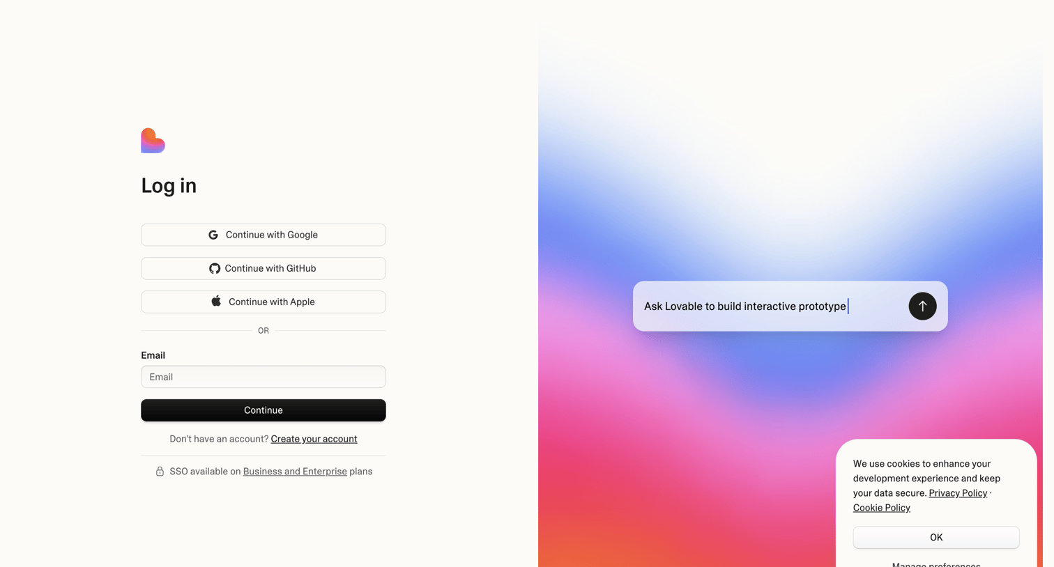 Lovable - Login screen