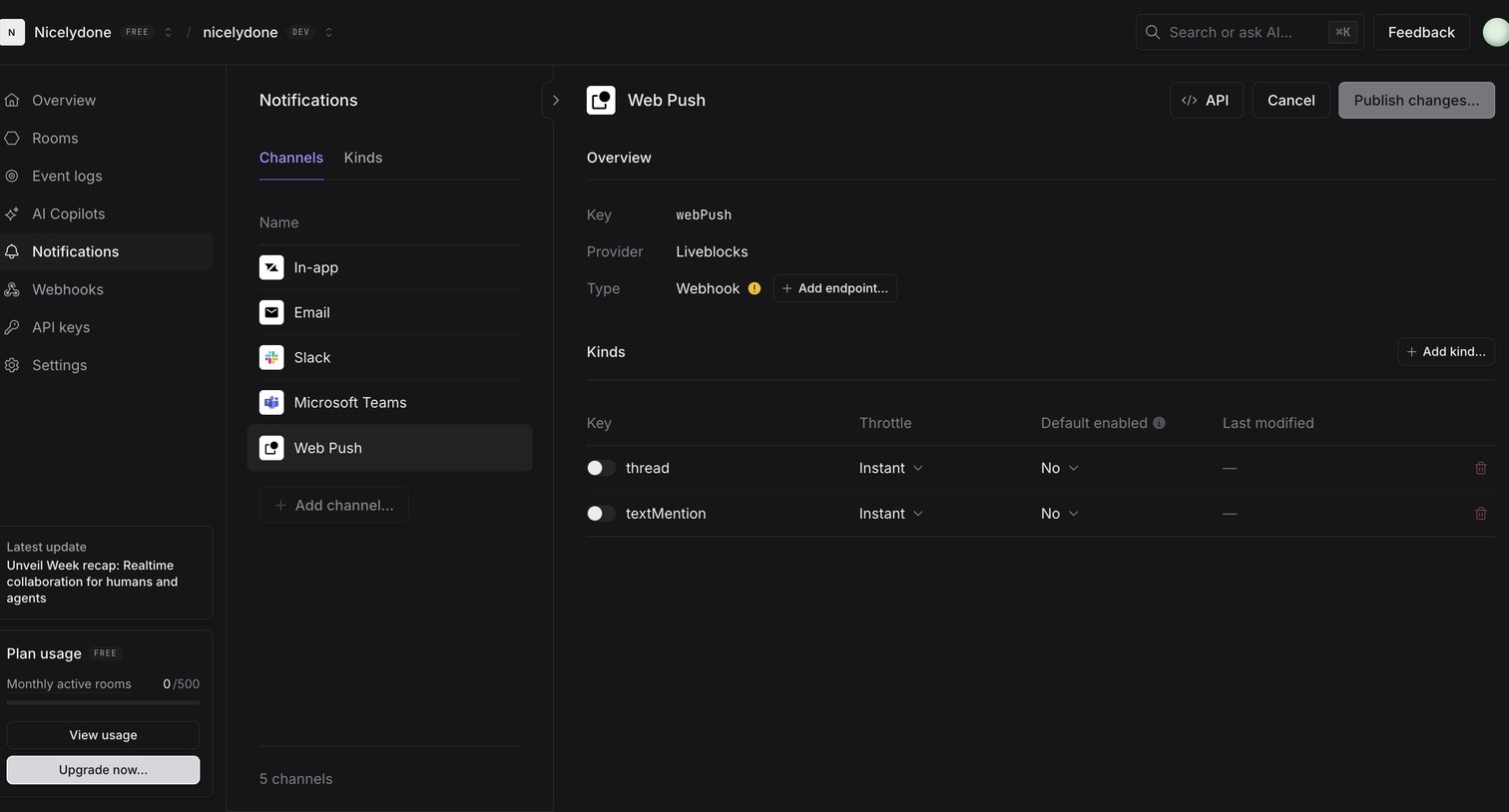 Liveblocks - nicelydone (Development) | Notification Channel screen