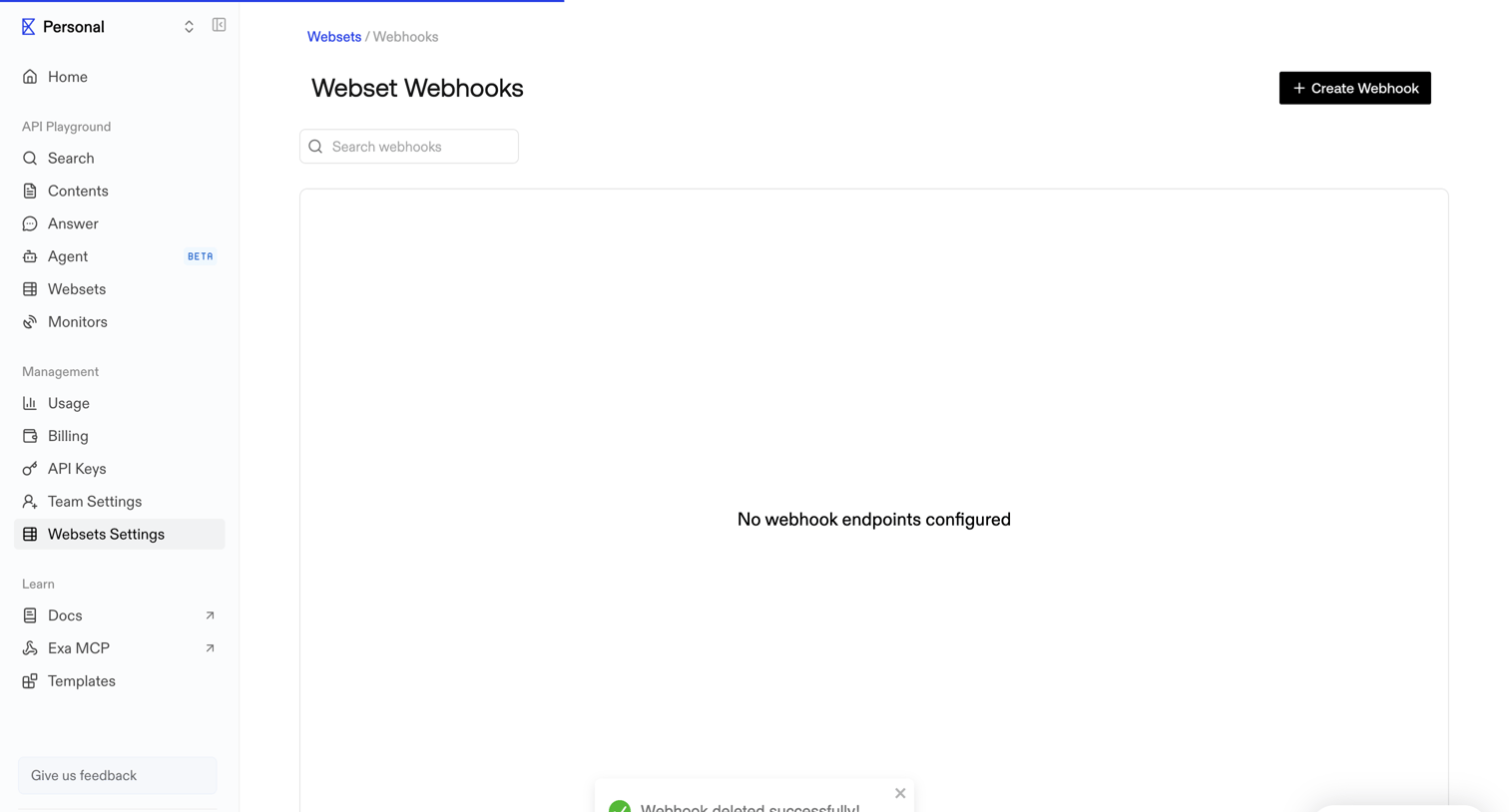Exa - Webset Webhooks screen