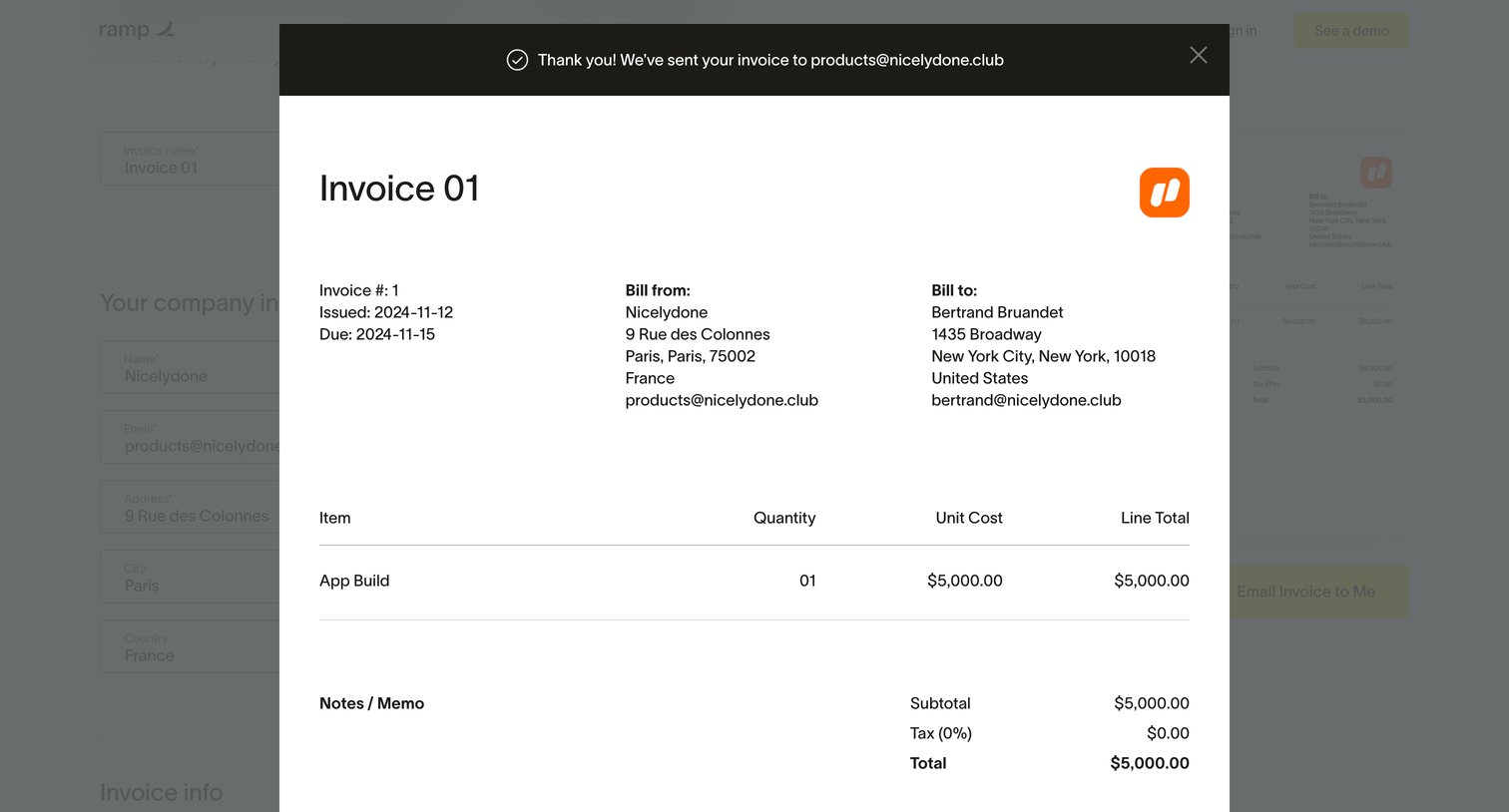 Ramp - Free Invoice Generator - Make an Invoice for Free screen