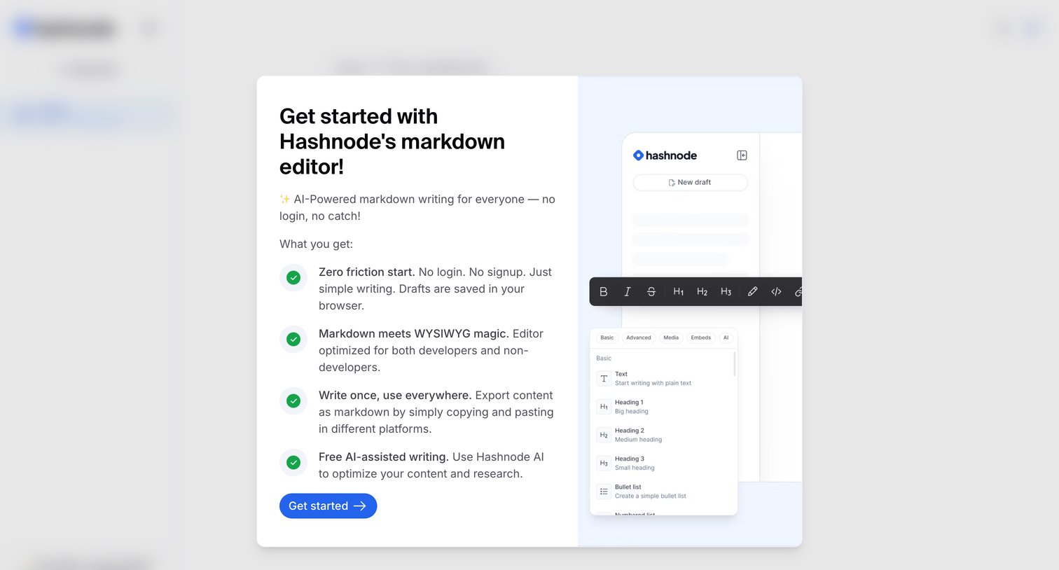 Hashnode - Free AI-powered Markdown WYSIWYG editor — Hashnode screen