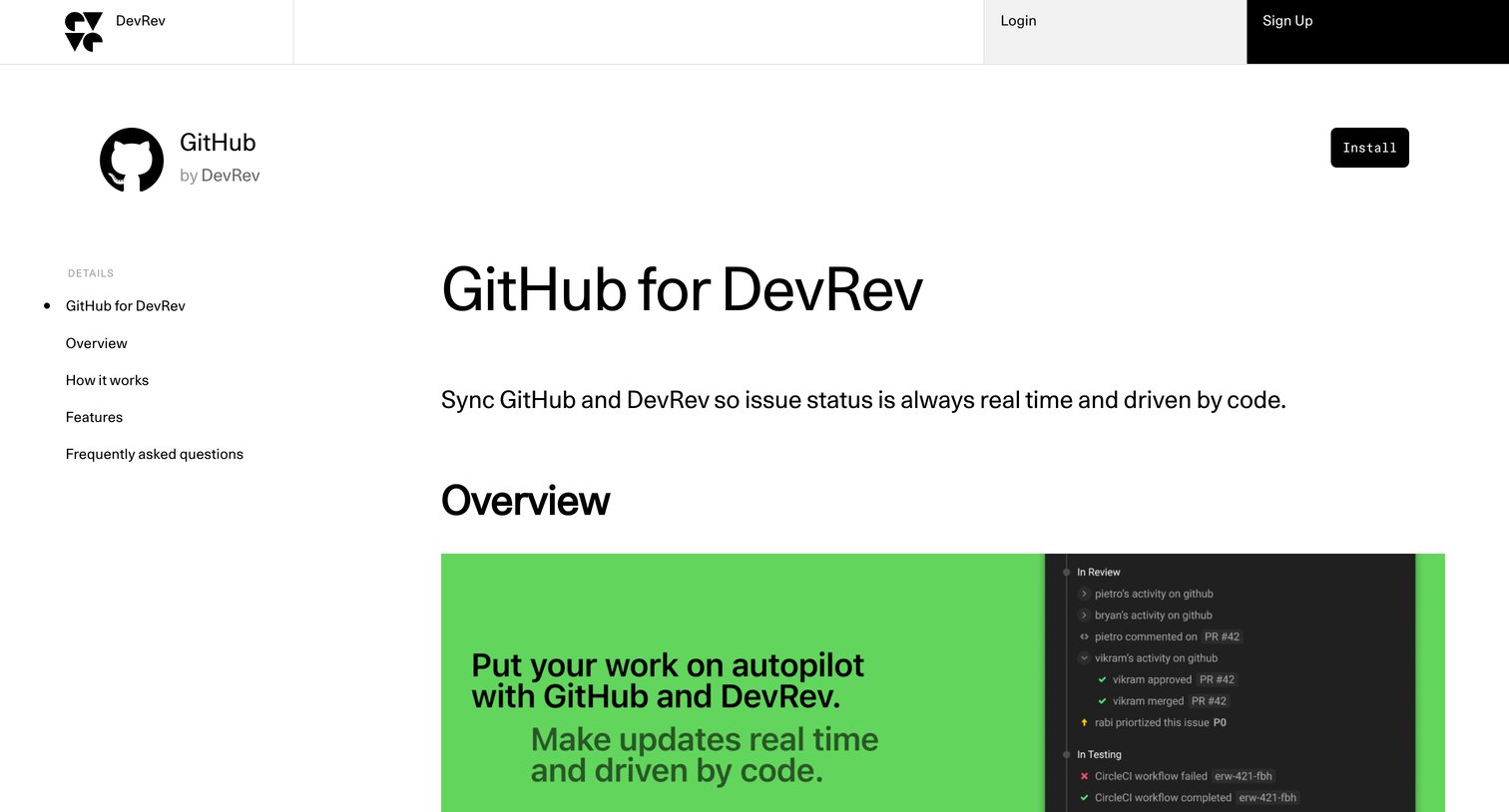 DevRev - GitHub - DevRev Marketplace screen