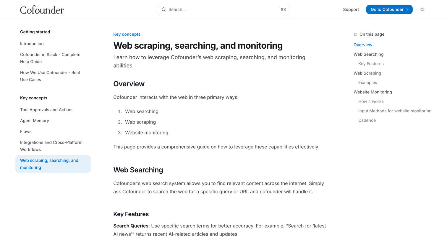 Cofounder - Web scraping, searching, and monitoring - Documentation screen