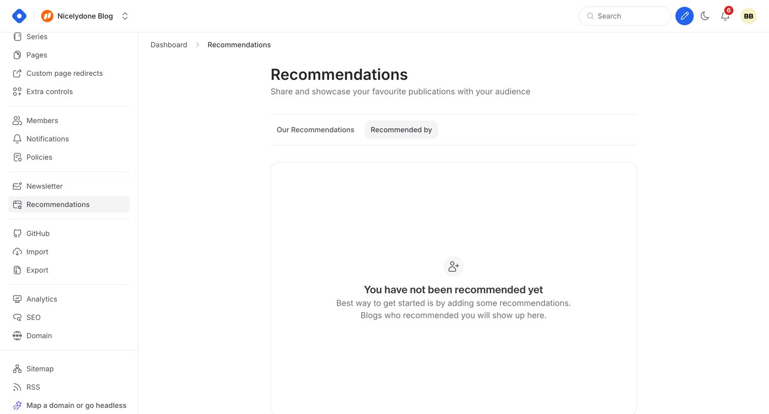 Hashnode - Dashboard - Recommendations screen