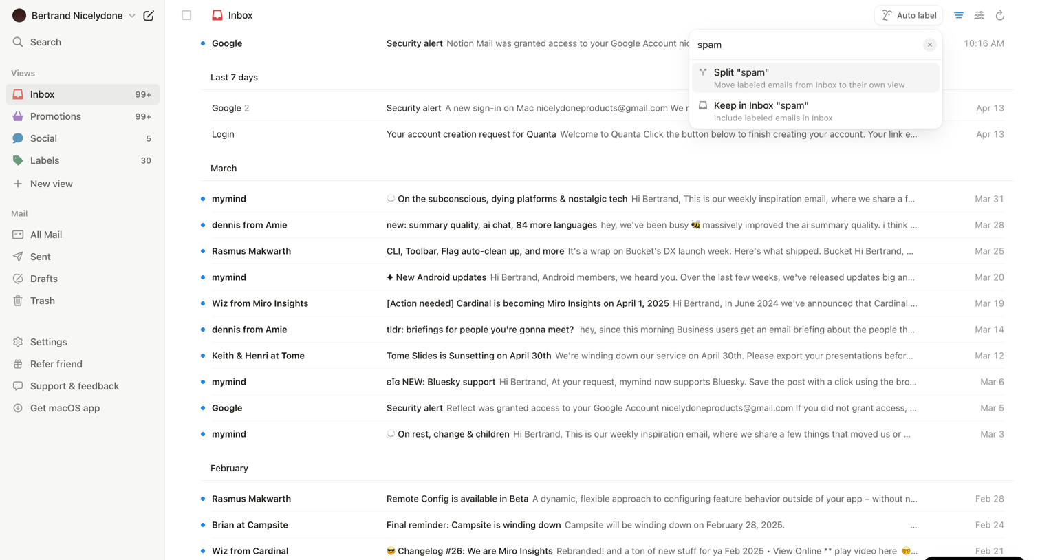 Notion Mail - 99+ • Inbox • nicelydoneproducts@gmail.com • Notion Mail screen