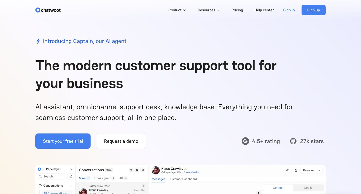 Chatwoot - Chatwoot: AI-powered, open-source customer support platform. Self-host or cloud. Alternative to Intercom & Zendesk. screen