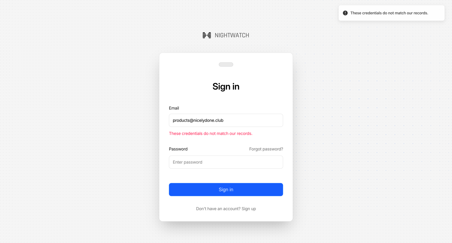 Nightwatch - Sign in screen