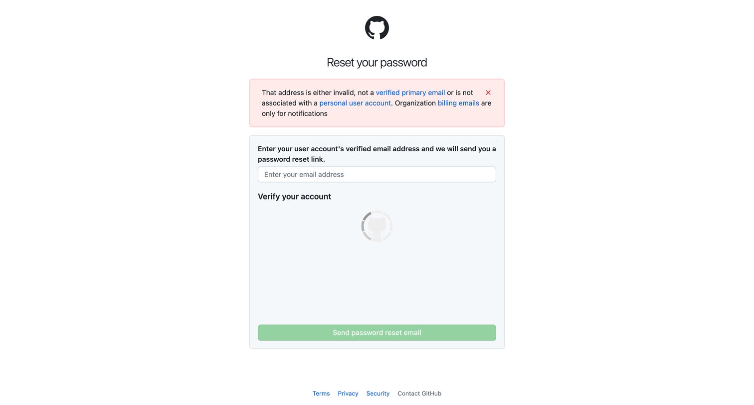 Github - Forgot your password · GitHub screen