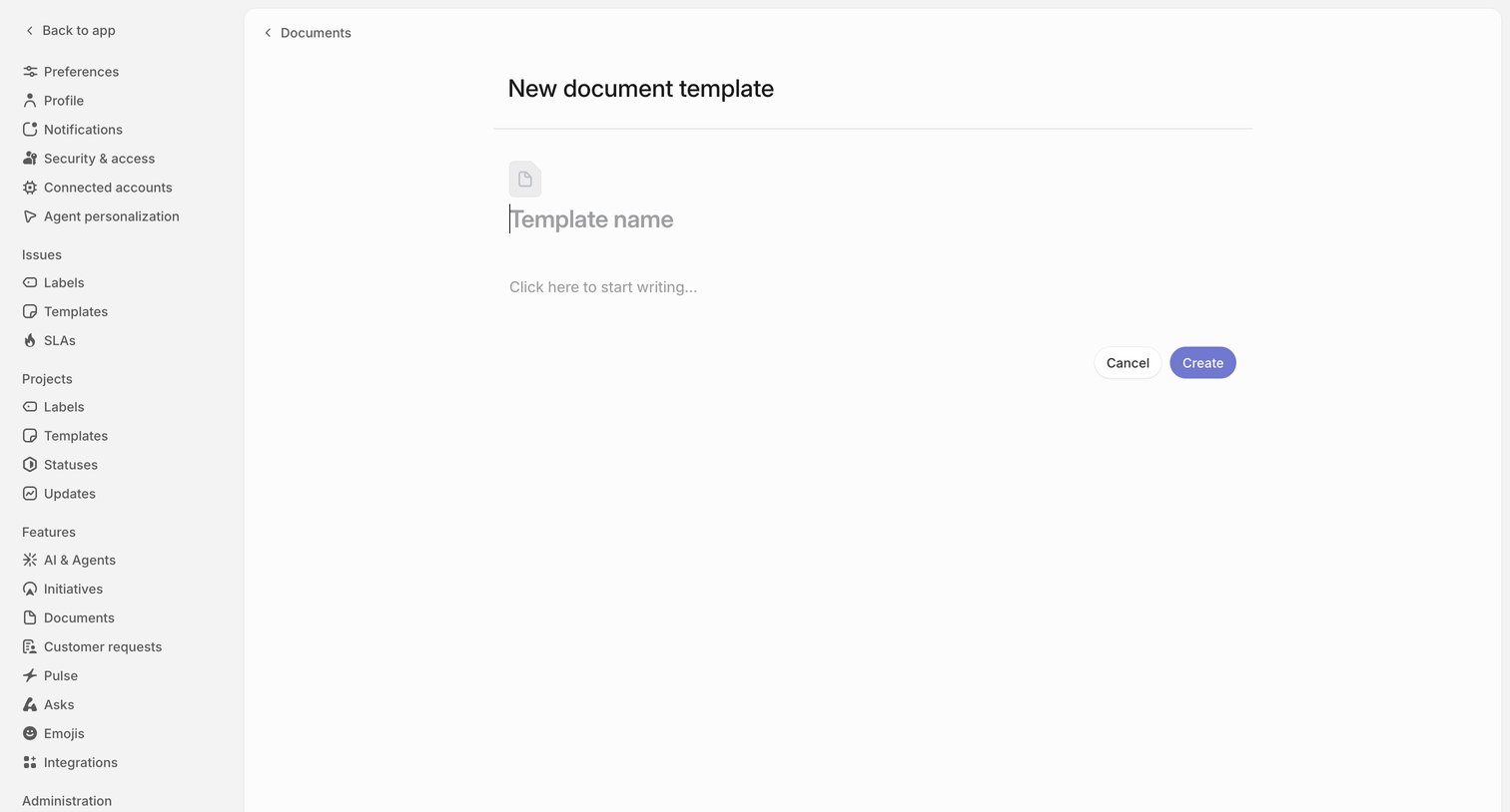 Linear - New Document template screen