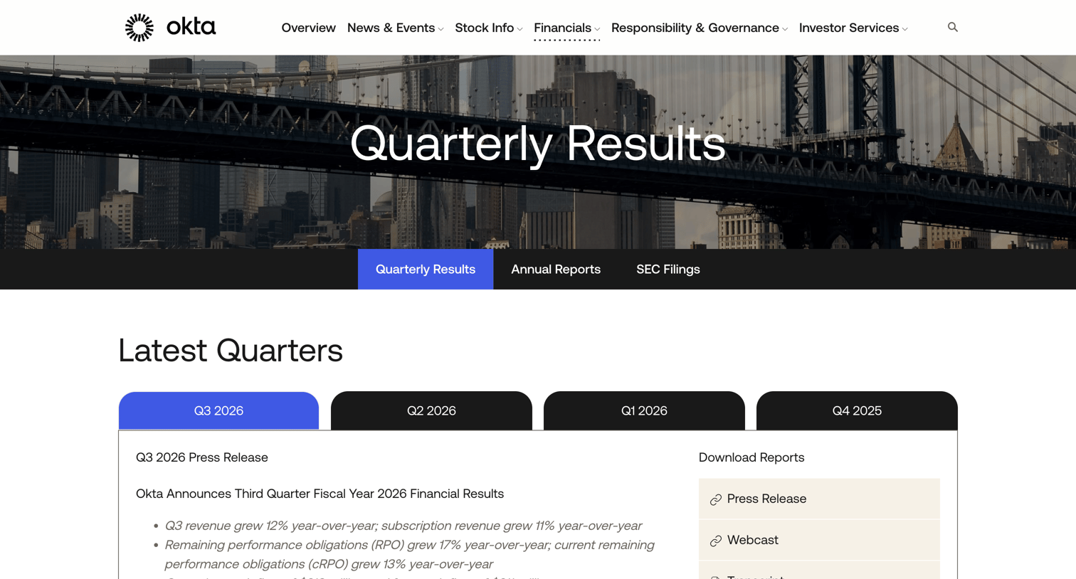 Okta - Okta Inc. - Financials - Quarterly Results screen