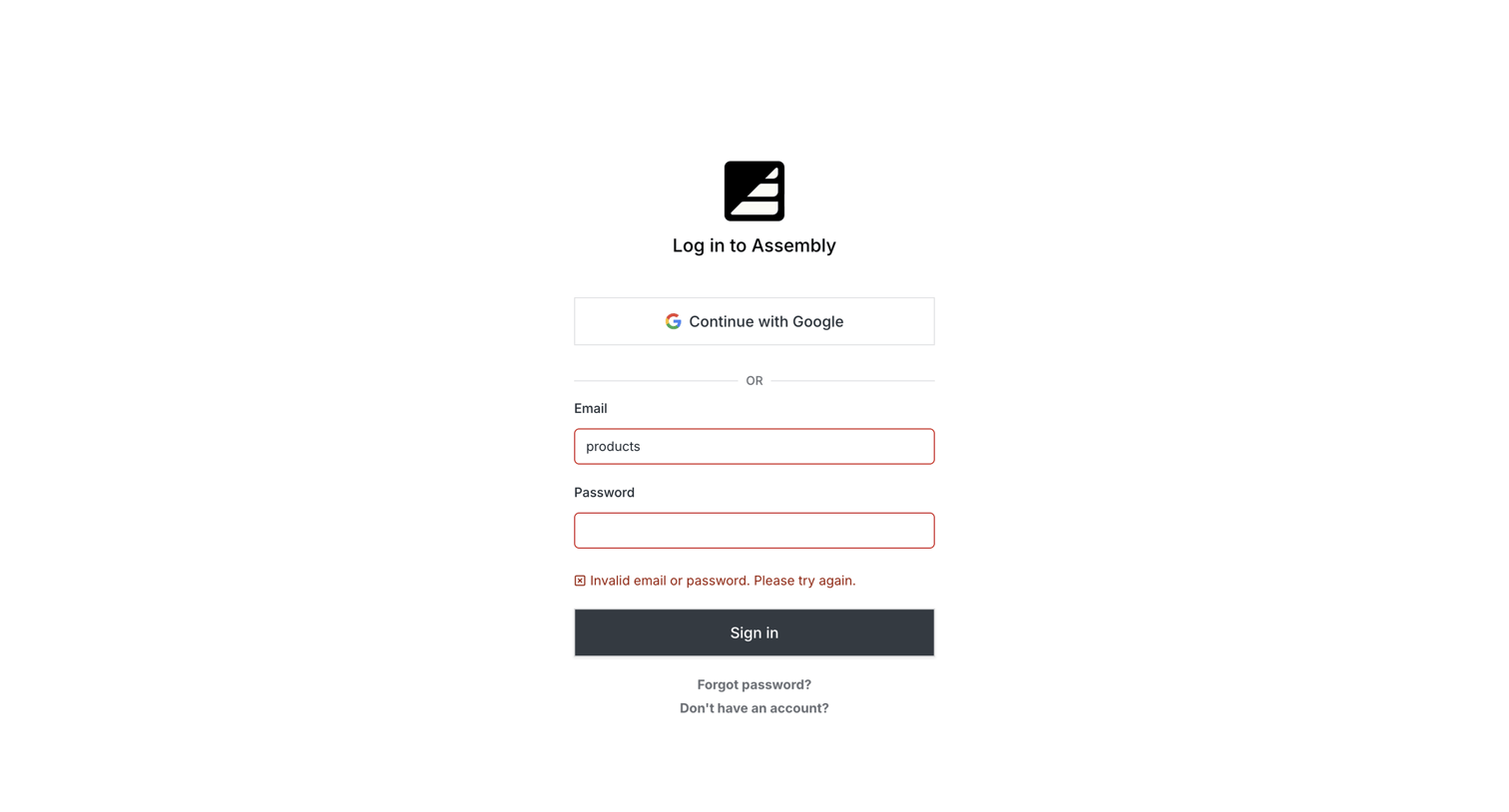 Assembly AI App Builder - Assembly Login | Sign in to the Assembly Dashboard screen