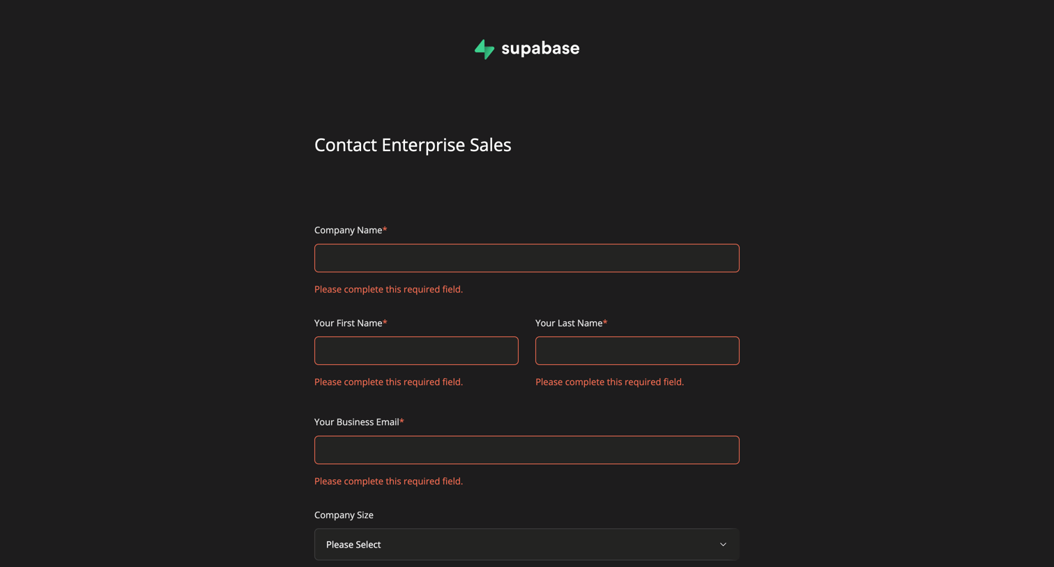 Supabase - Enterprise Contact Form screen