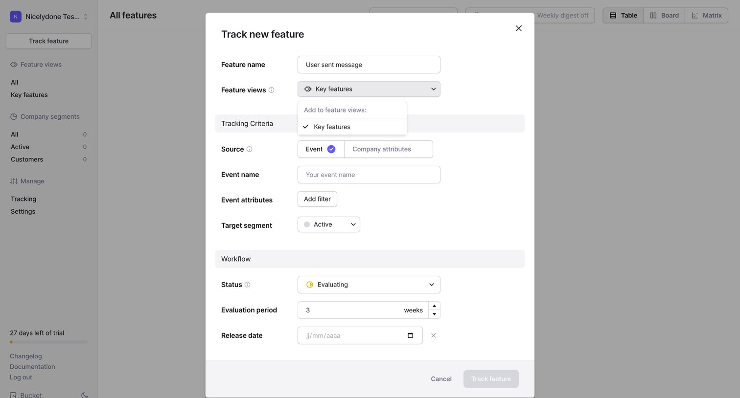 Bucket - Features › All Features screen