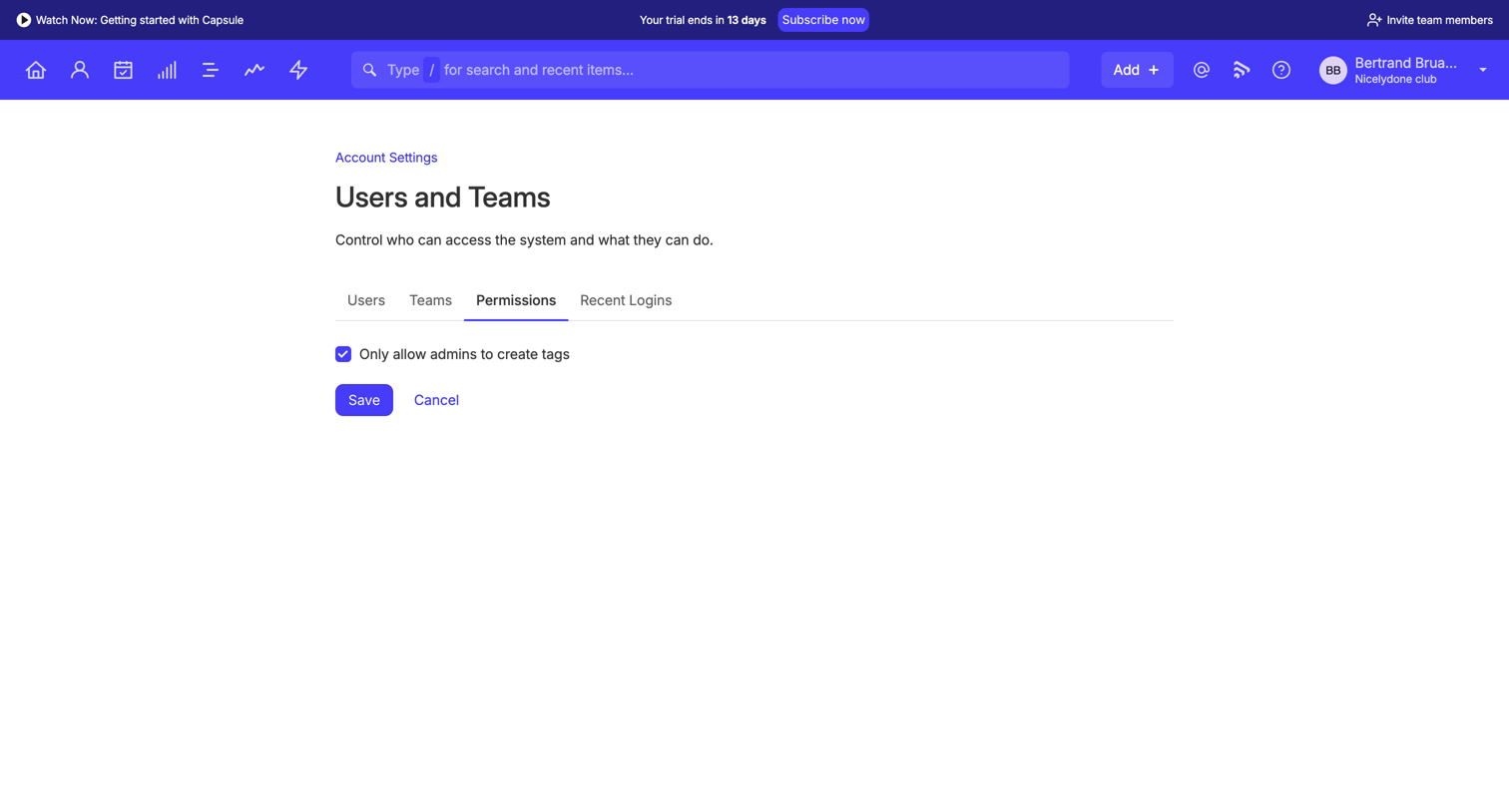 Capsule - Permissions | Nicelydone club CRM screen