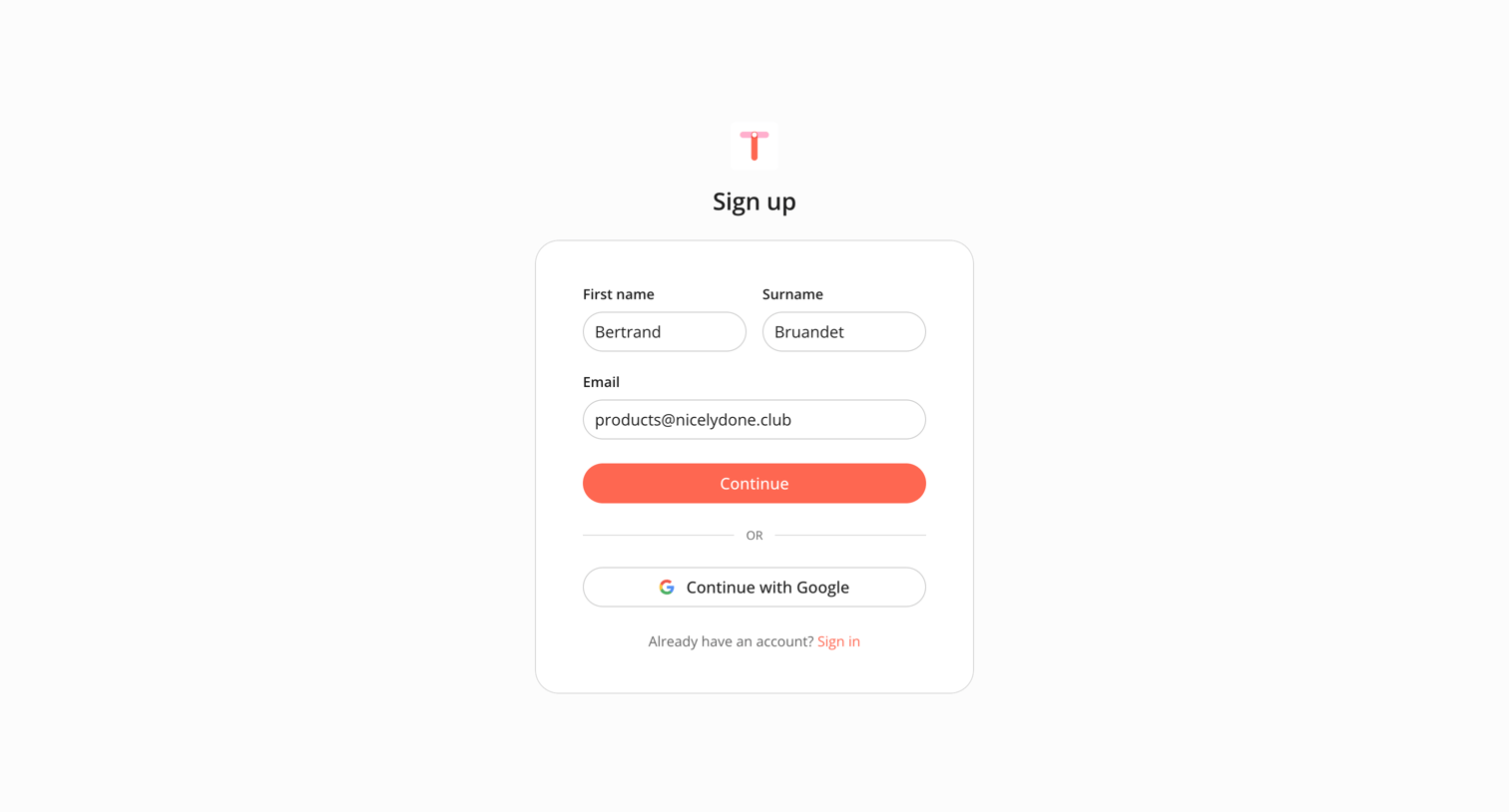 Sign up from Twin