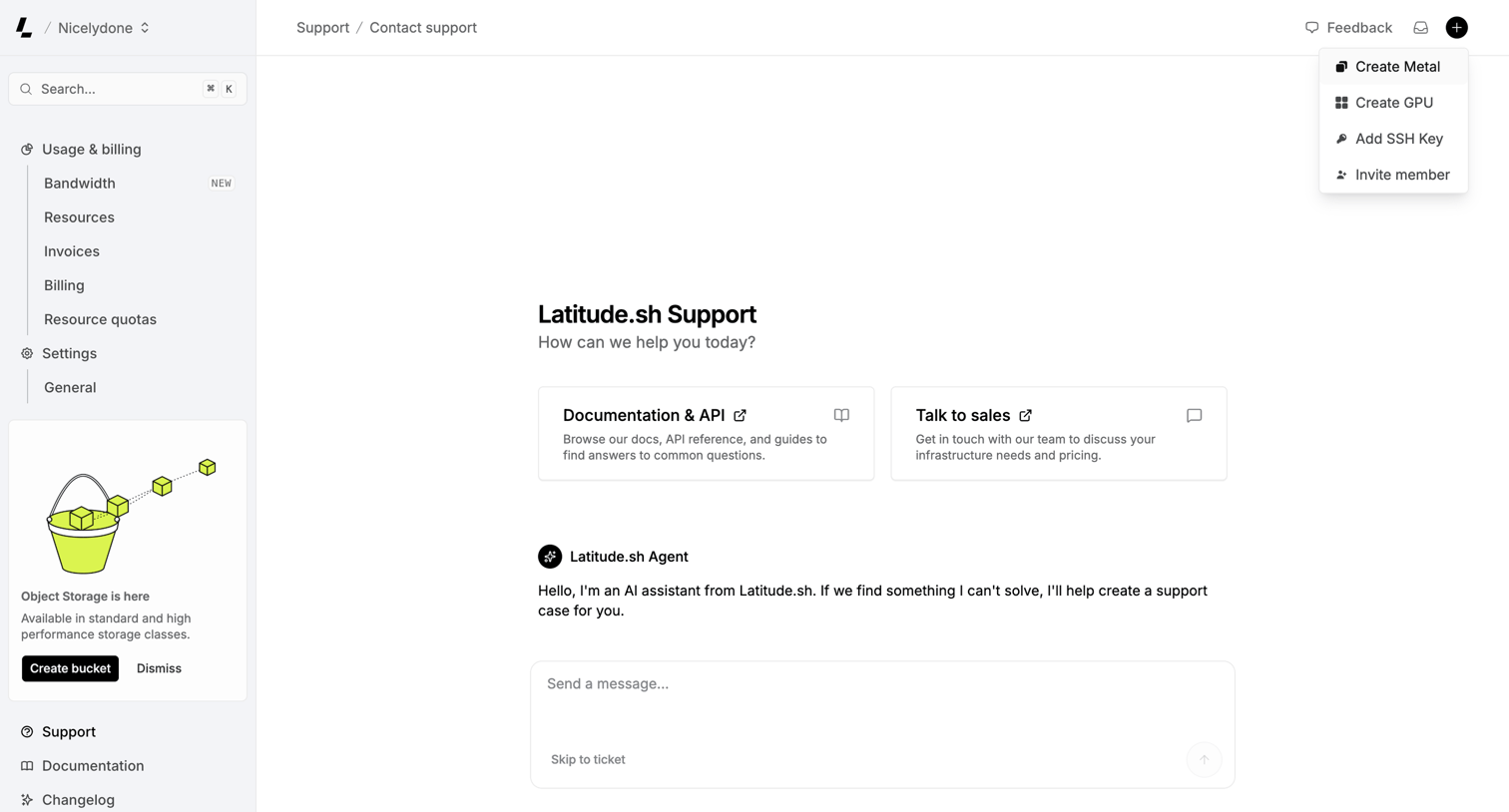 Latitude.sh - Contact support – Dashboard - Latitude.sh screen