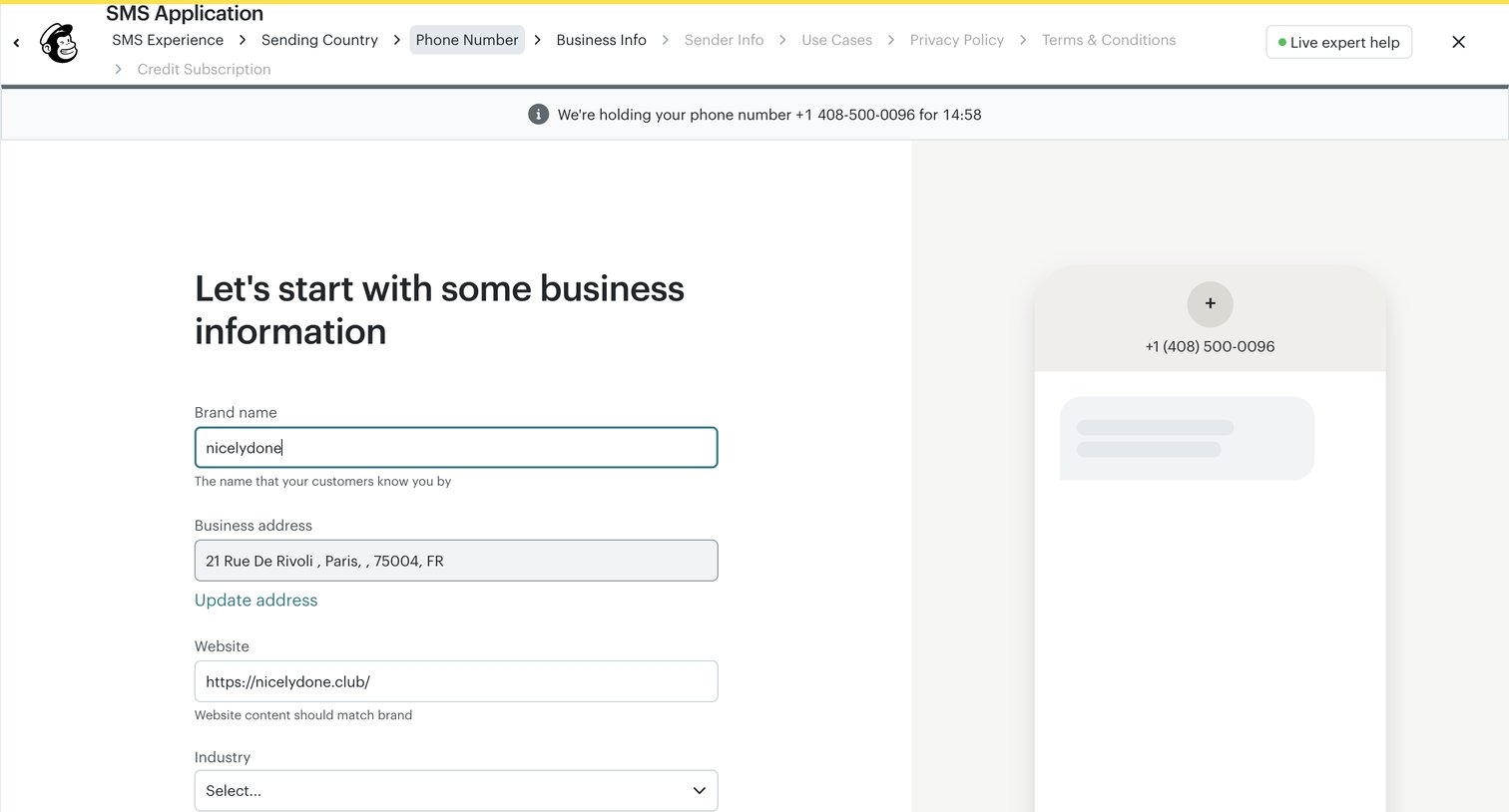 Mailchimp - Here’s your SMS phone number! - SMS Channel Setup | Mailchimp screen