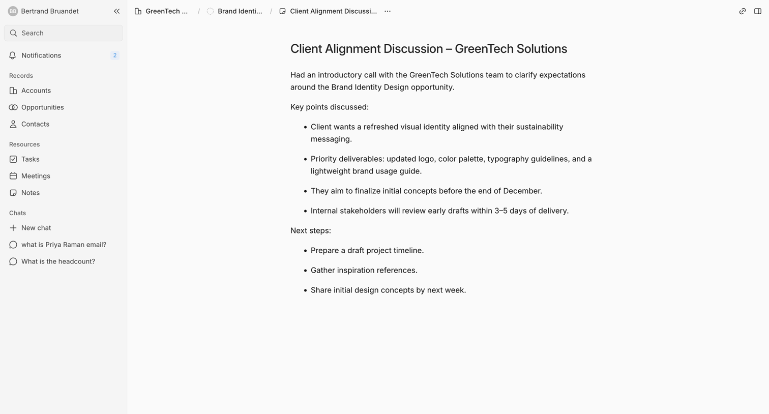 Lightfield - Note: Client Alignment Discussion – GreenTech Solutions screen