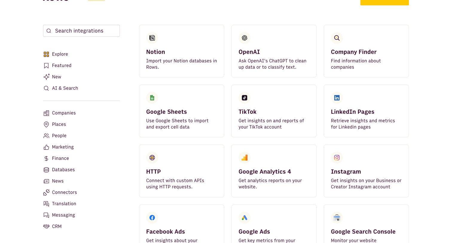 Rows - Integrations | Rows screen