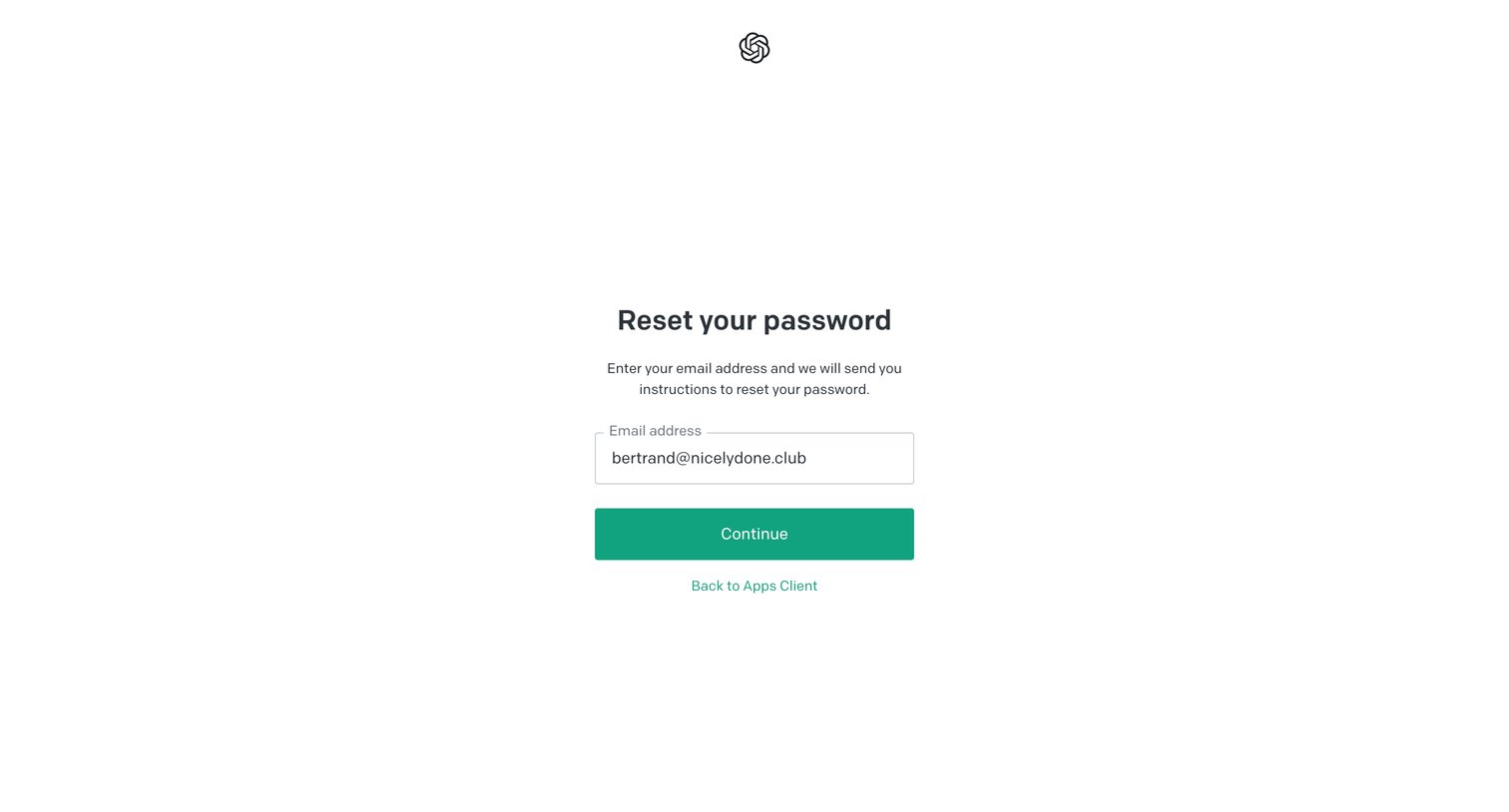 OpenAI - httpsauth0.openai.comureset-passwordrequestUsername-Password-Auth screen