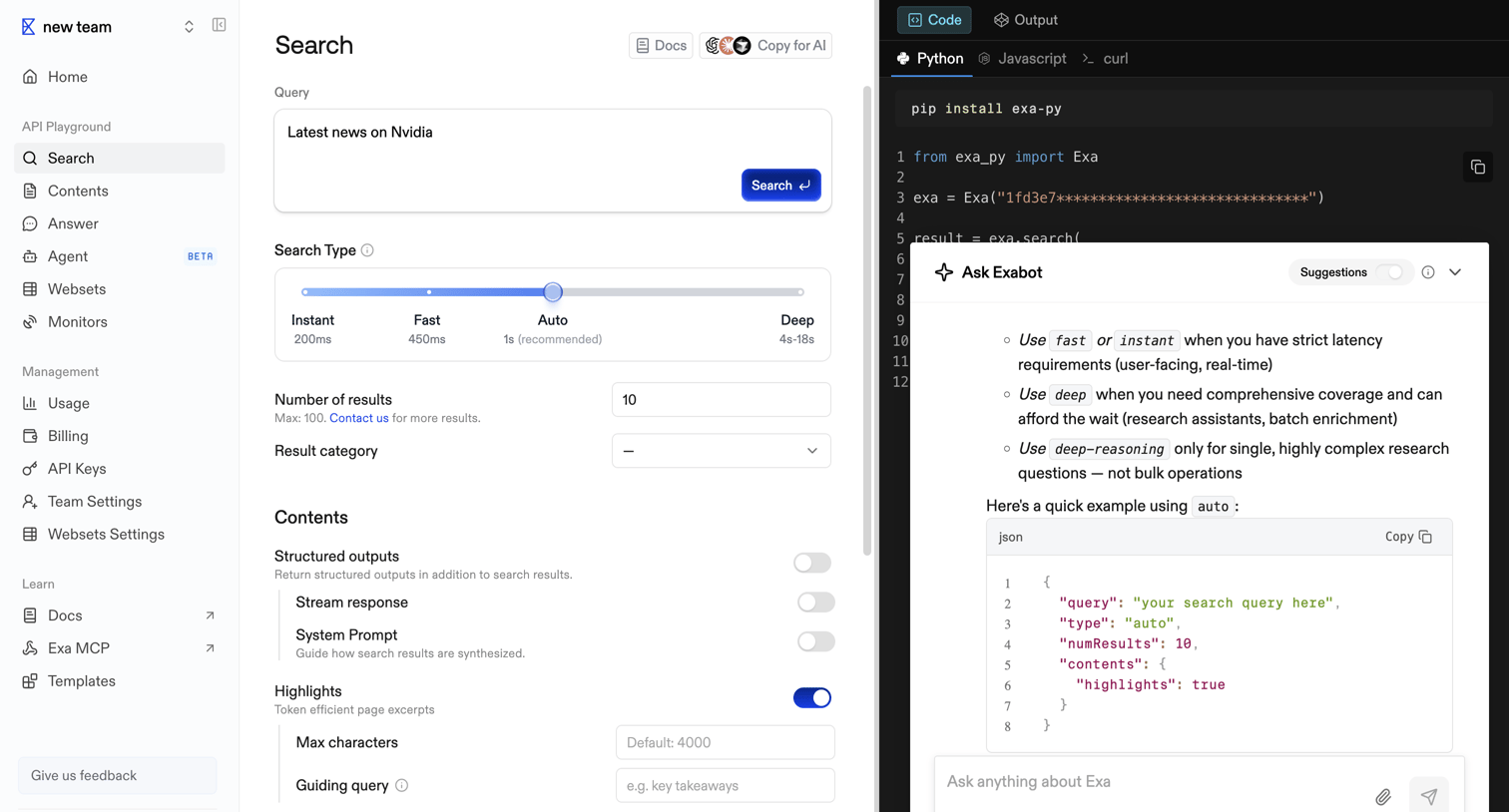 Exa - Playground | Exa API screen