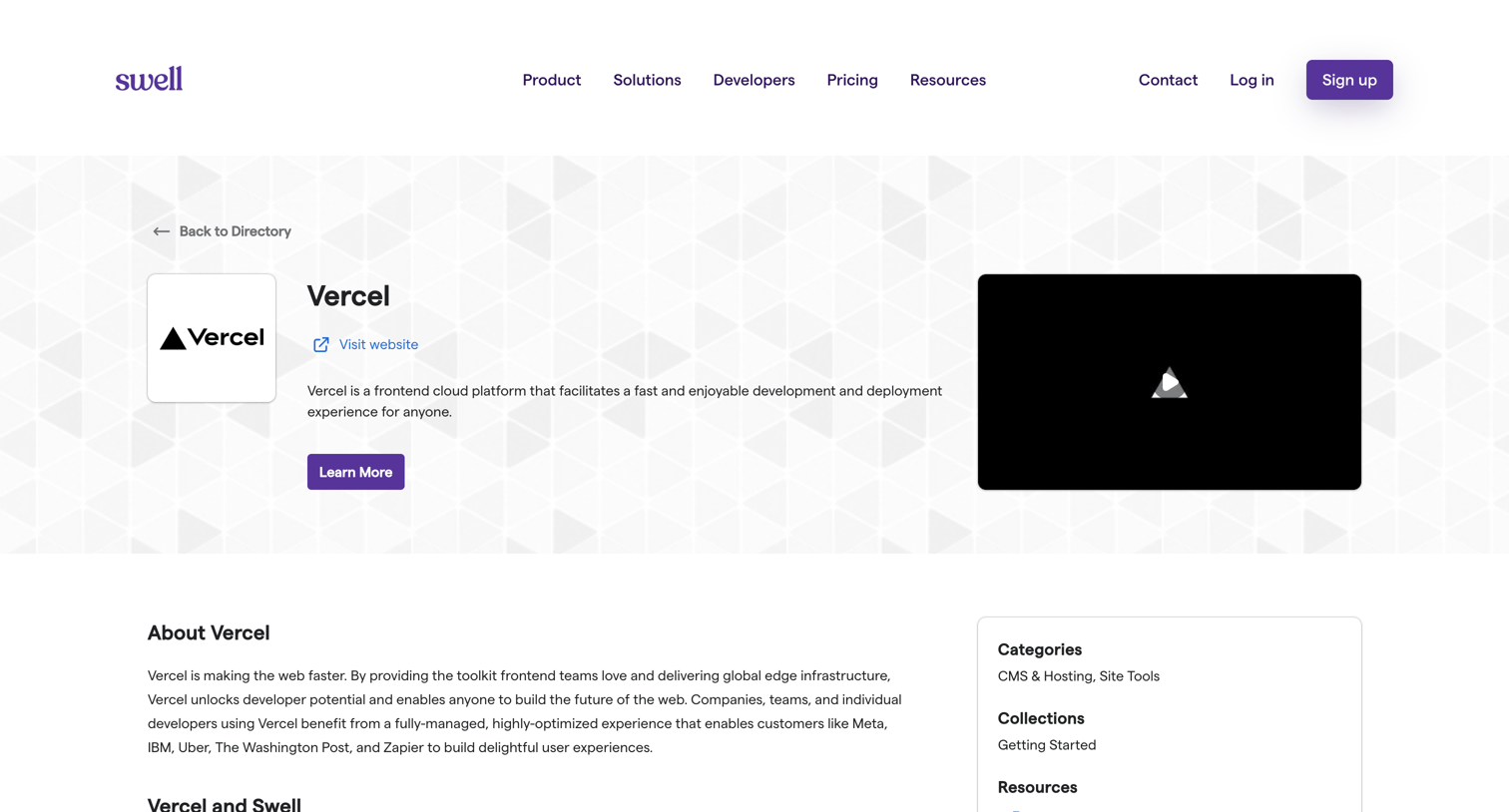Swell - Vercel - Swell Technology Partner Directory screen