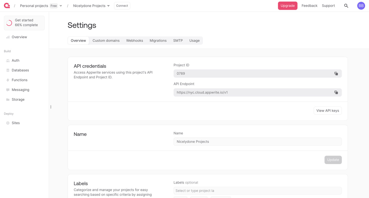 Appwrite - Settings - Appwrite screen