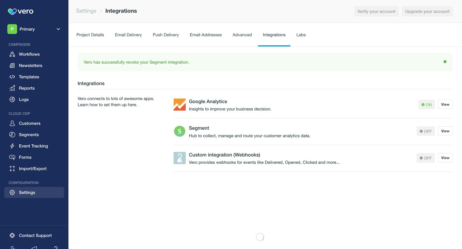 Vero - Settings - Integrations | Vero screen