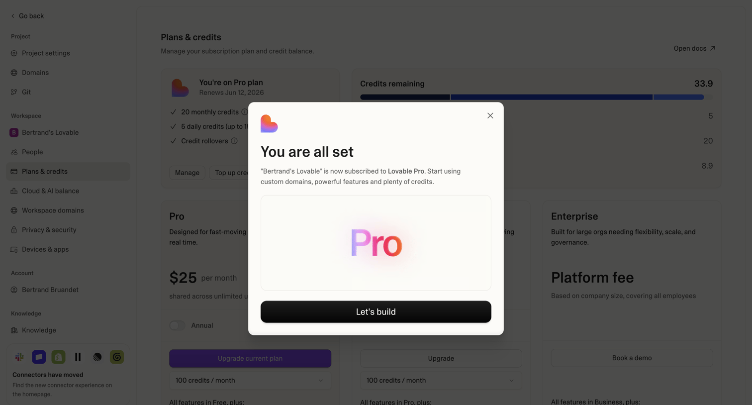 Lovable - Project settings - Lovable screen