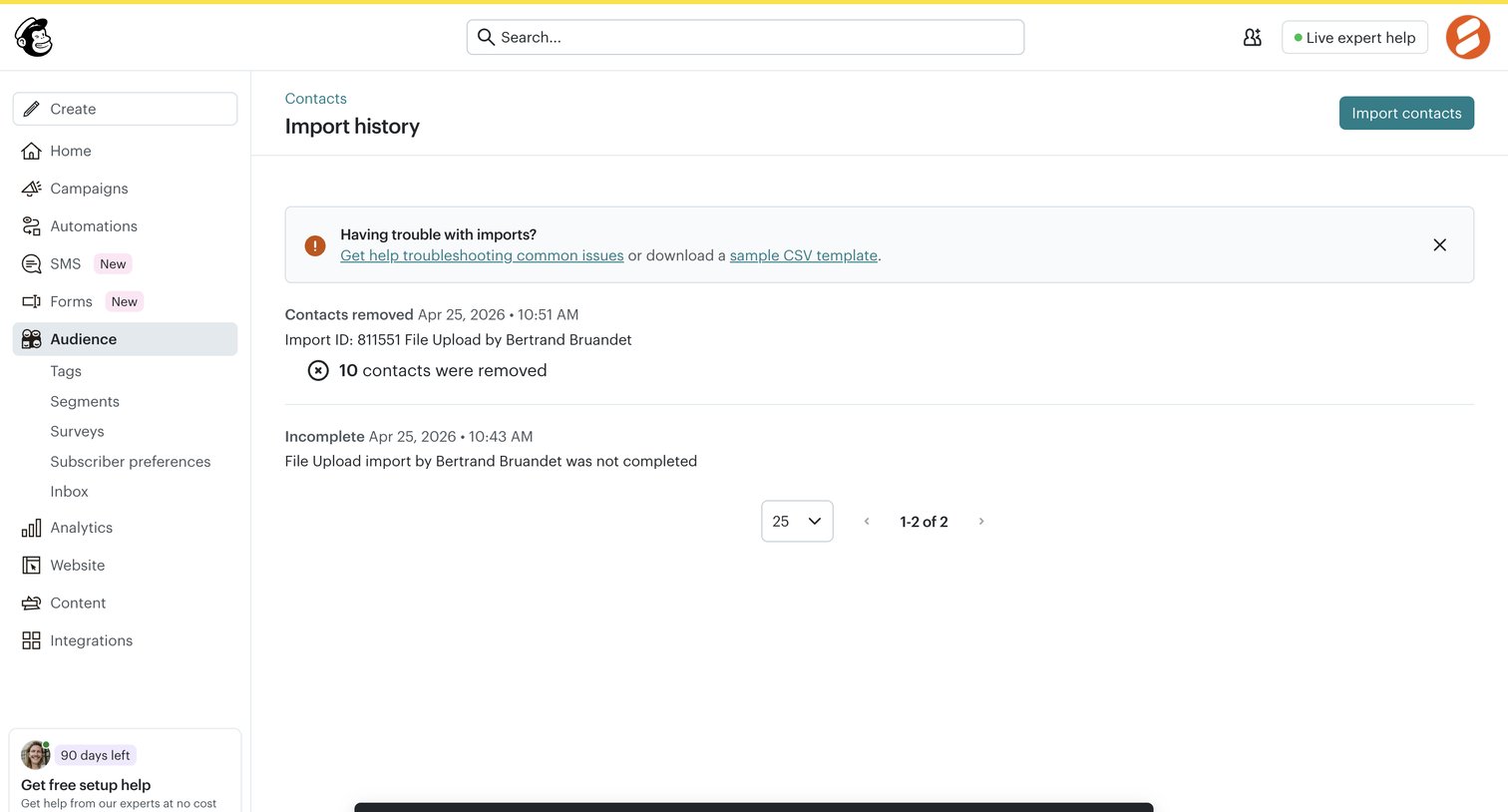 Mailchimp - Import history | Mailchimp screen
