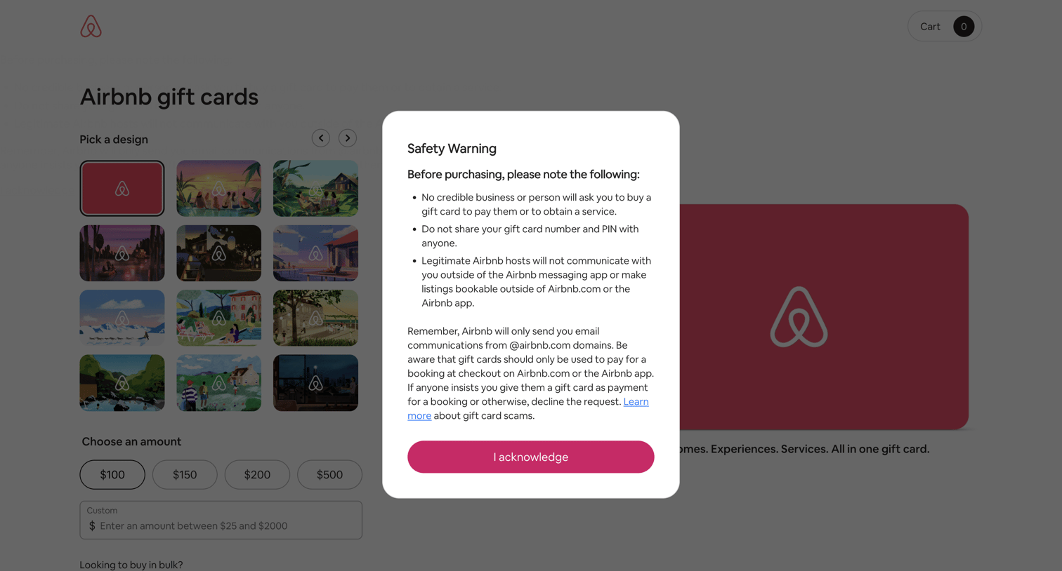 Airbnb - Airbnb gift cards screen