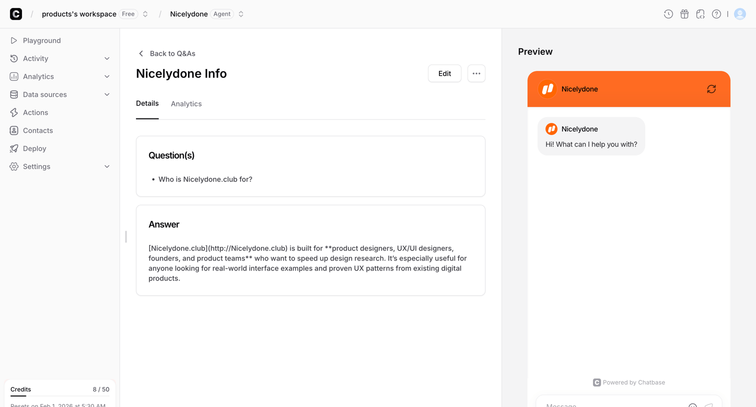 Chatbase - Dashboard - Chatbase screen