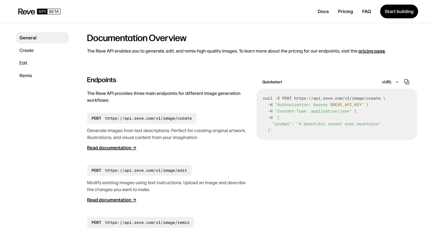 Reve - Reve API - Docs screen