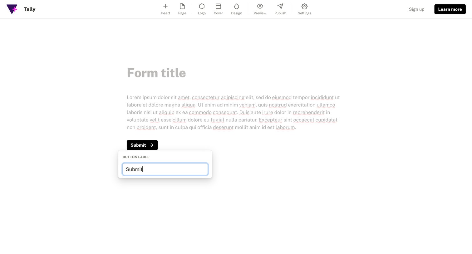 Tally - Create form - Tally screen