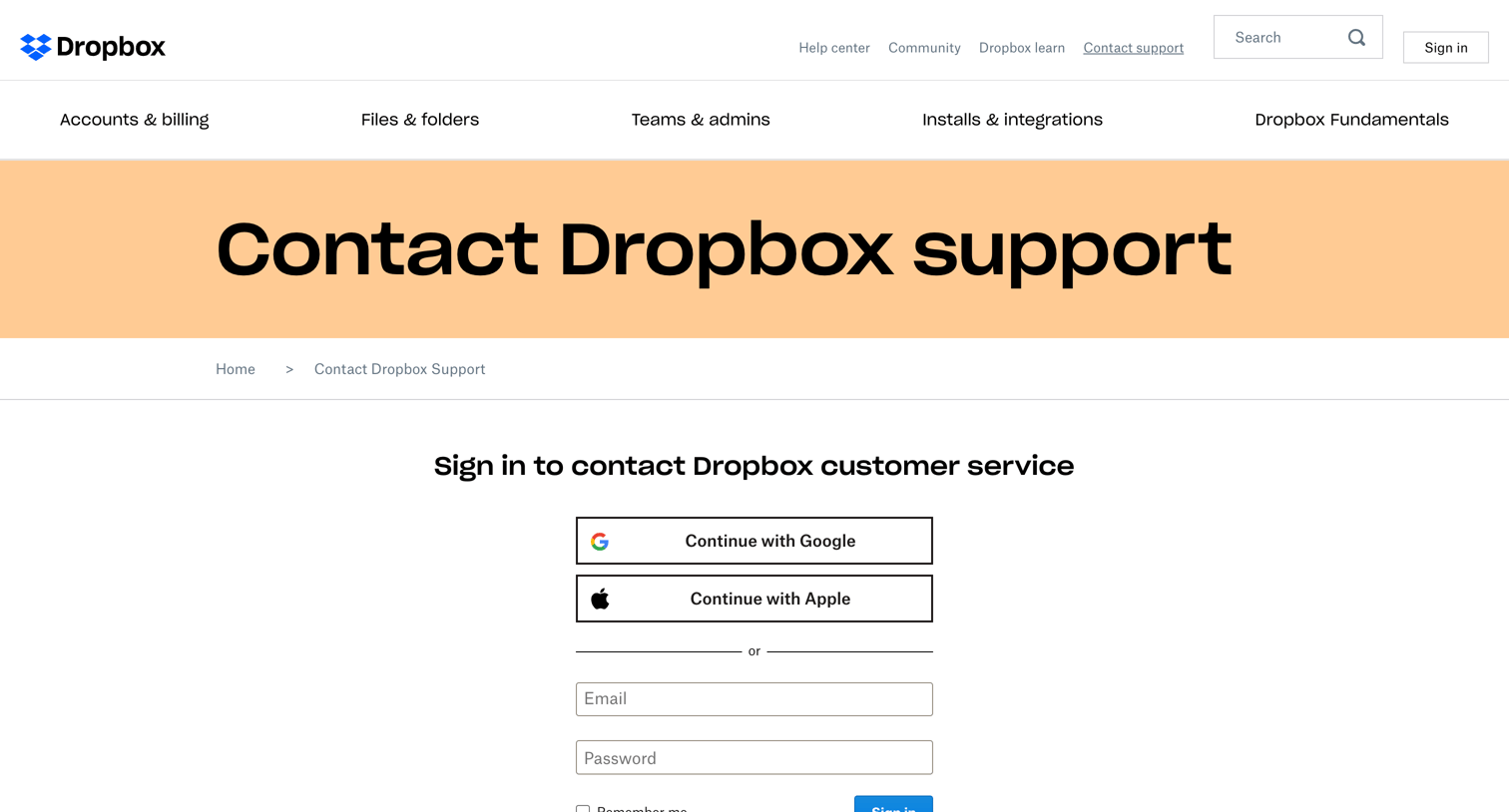 Dropbox - Dropbox - Contact Dropbox support screen