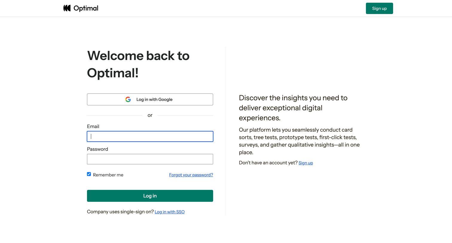 Optimal - Log In | Optimal Workshop screen