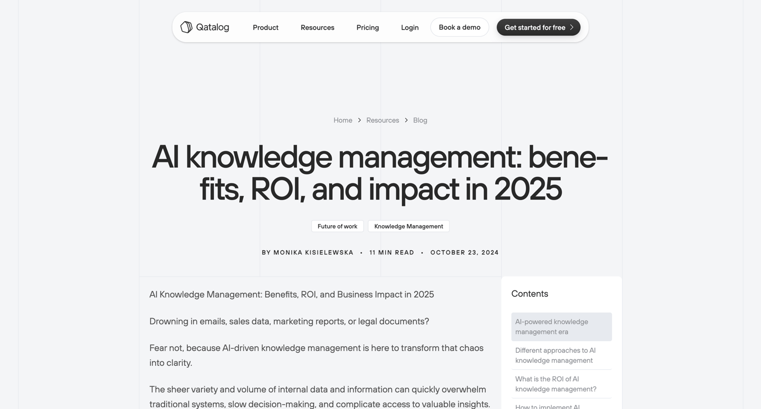Qatalog - AI Knowledge Management Benefits, ROI, and Business Impact in 202 screen