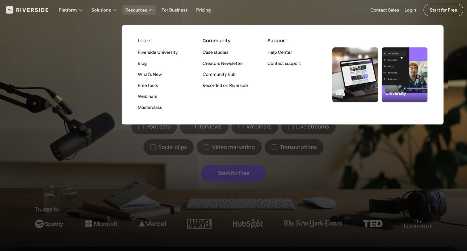 Riverside - Riverside: HD Podcast & Video Software | Free Recording & Editing - hover: Resources screen