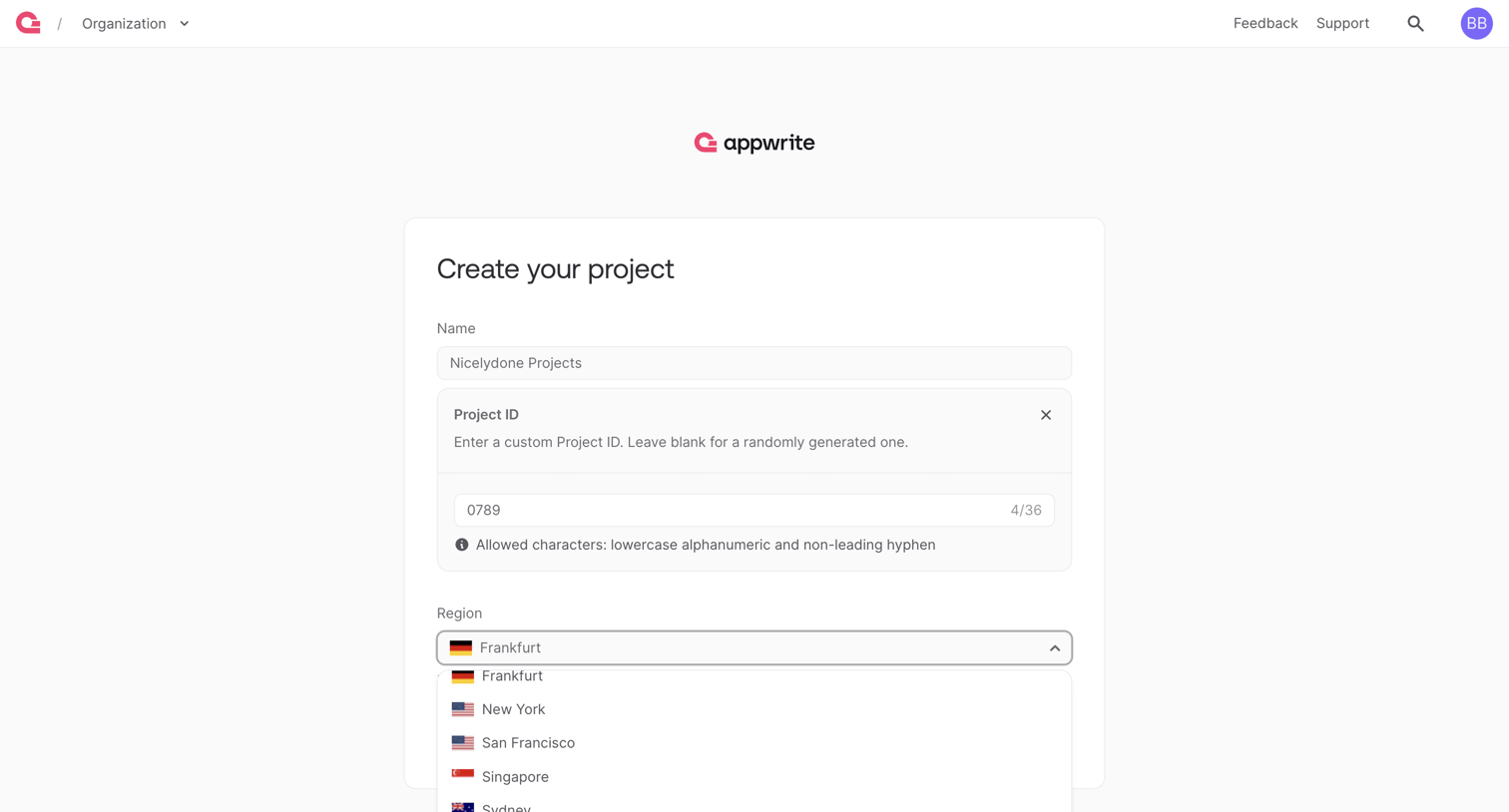 Appwrite - Create project - Appwrite screen