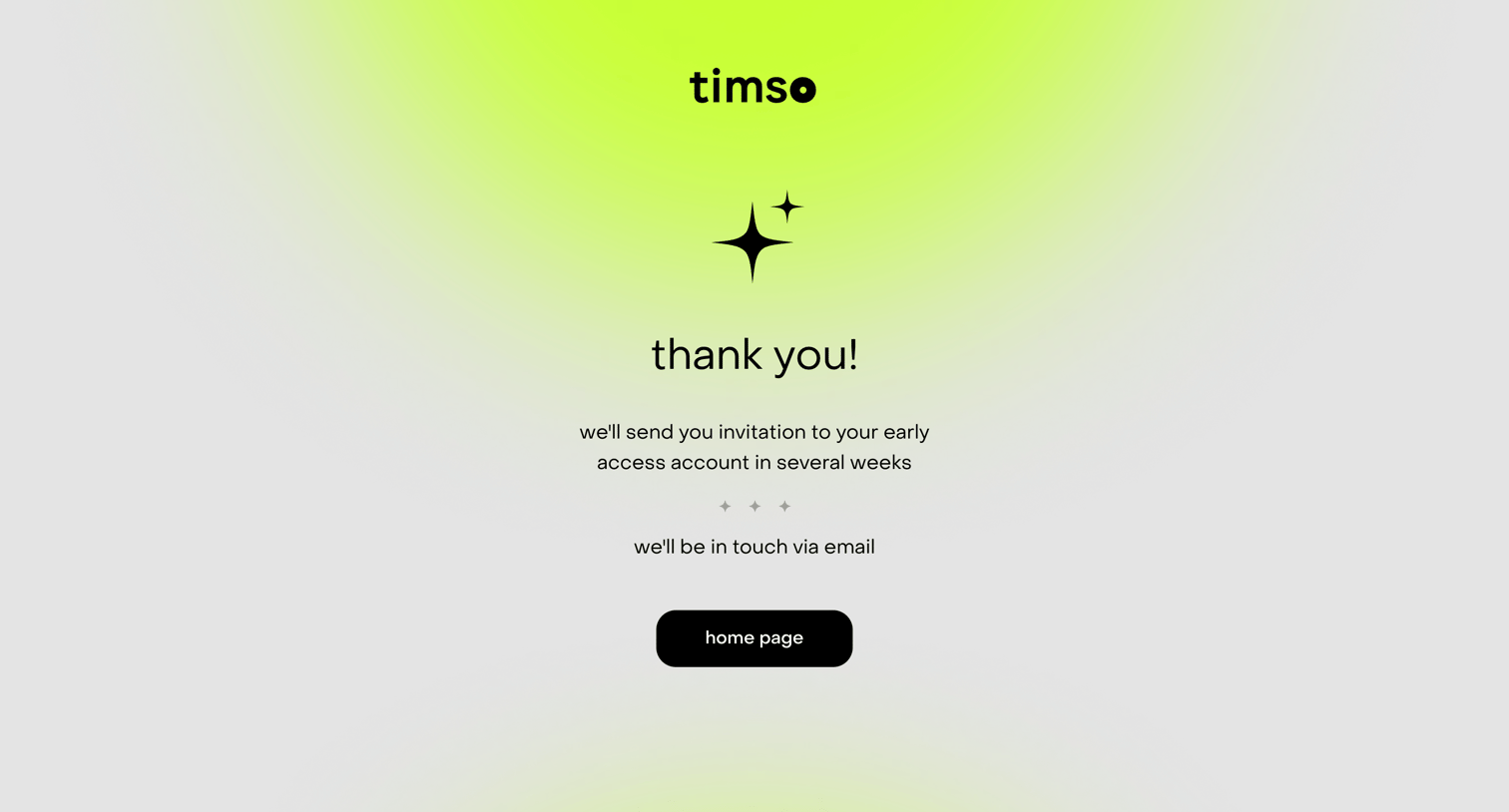 Timso - thank you sign up screen