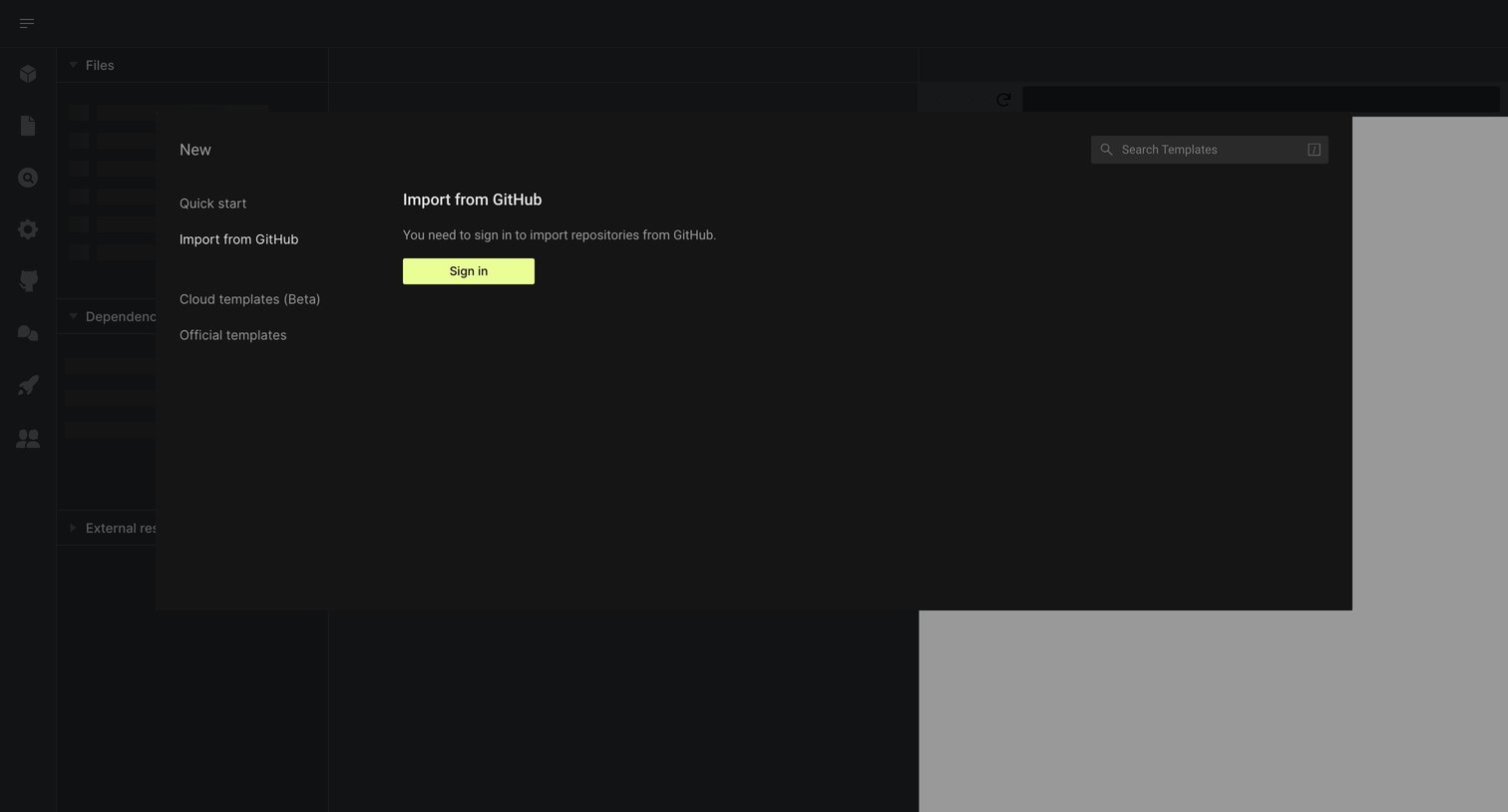 CodeSandbox - Create a new Sandbox - CodeSandbox screen