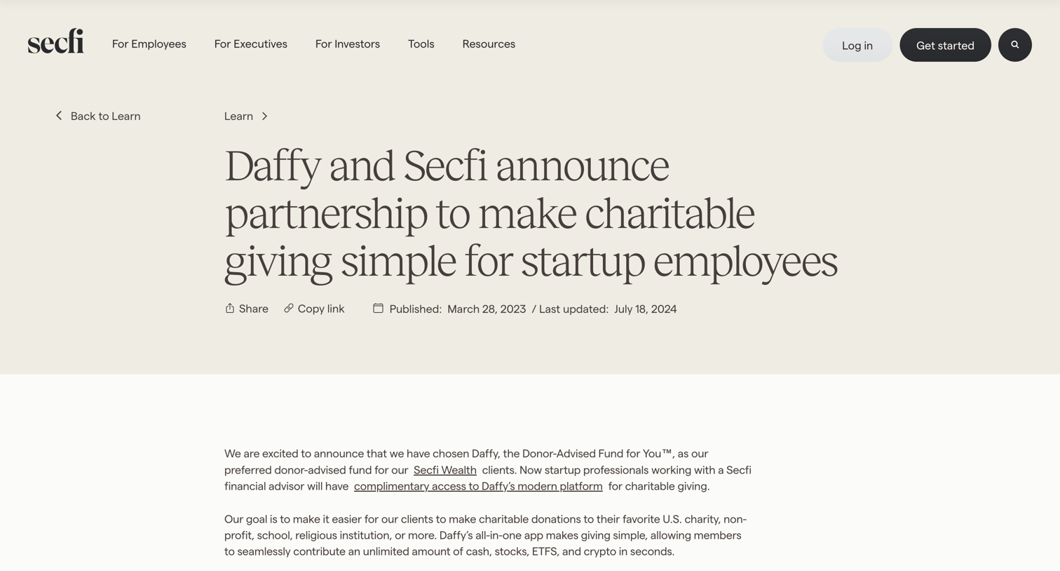 Secfi - Daffy | Secfi Partnership Simple Charitable Giving for Startup Emp screen