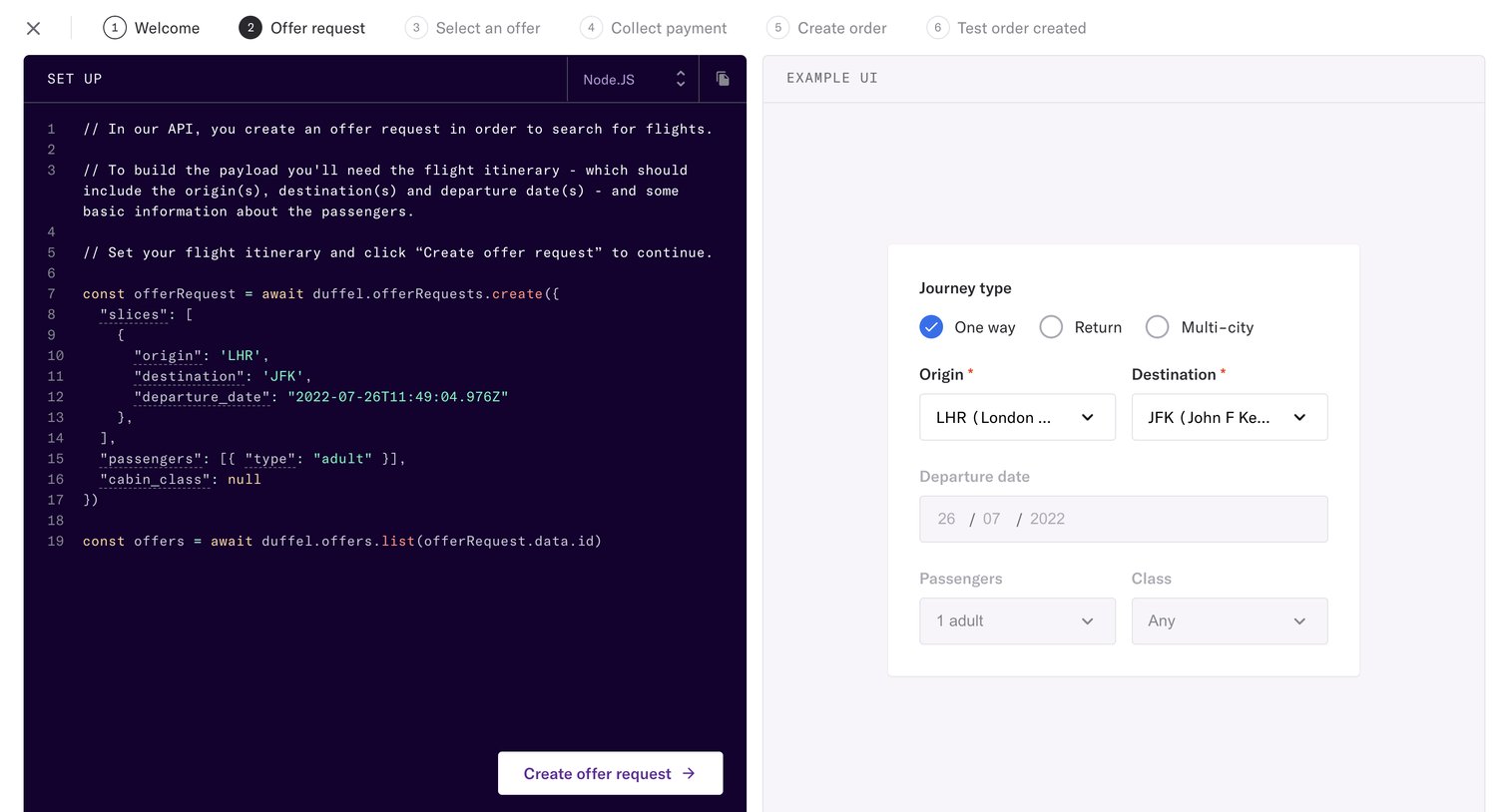 Duffel - Duffel – Create your offer request screen